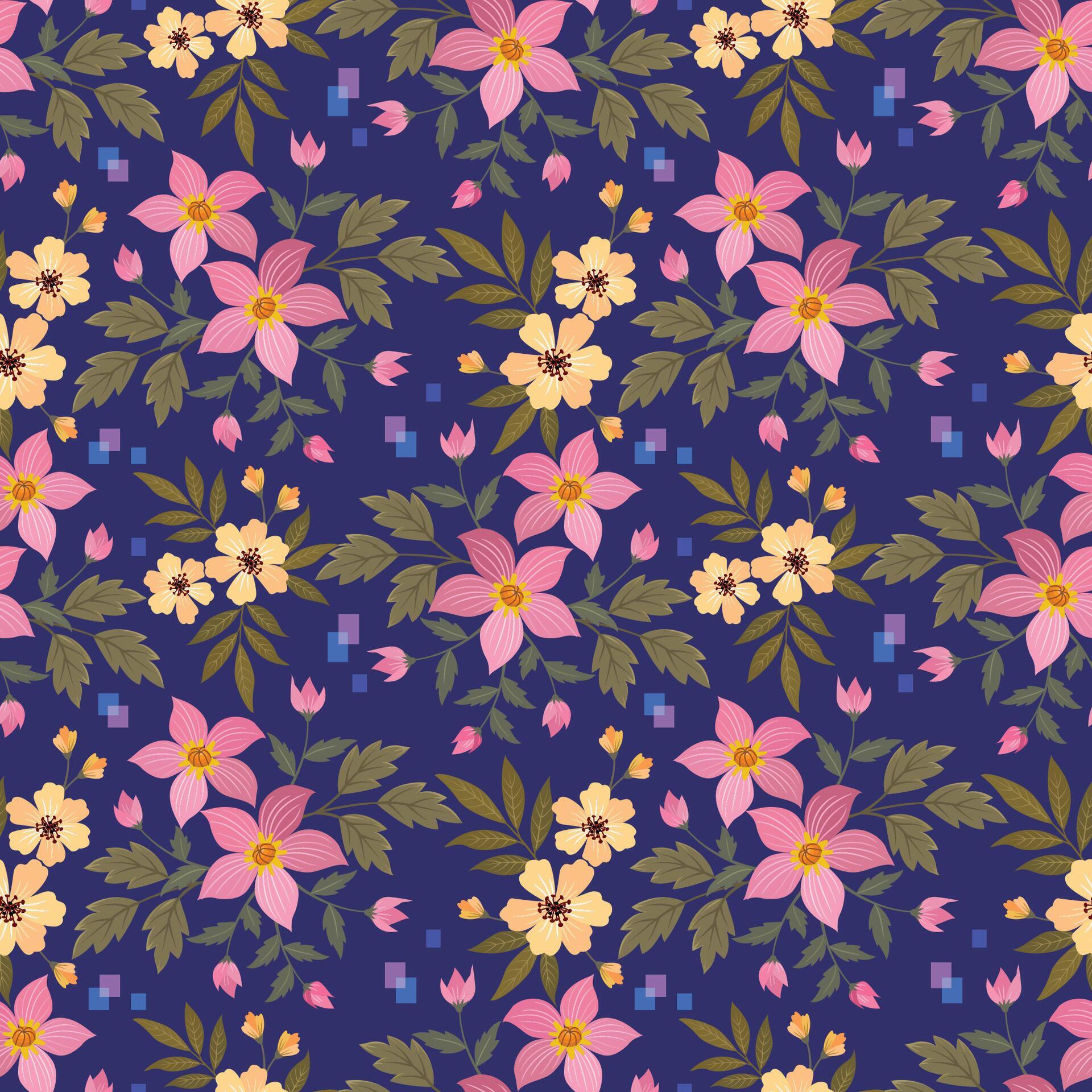 Beautiful blooming flowers on purple color background seamless pattern. Stock Free