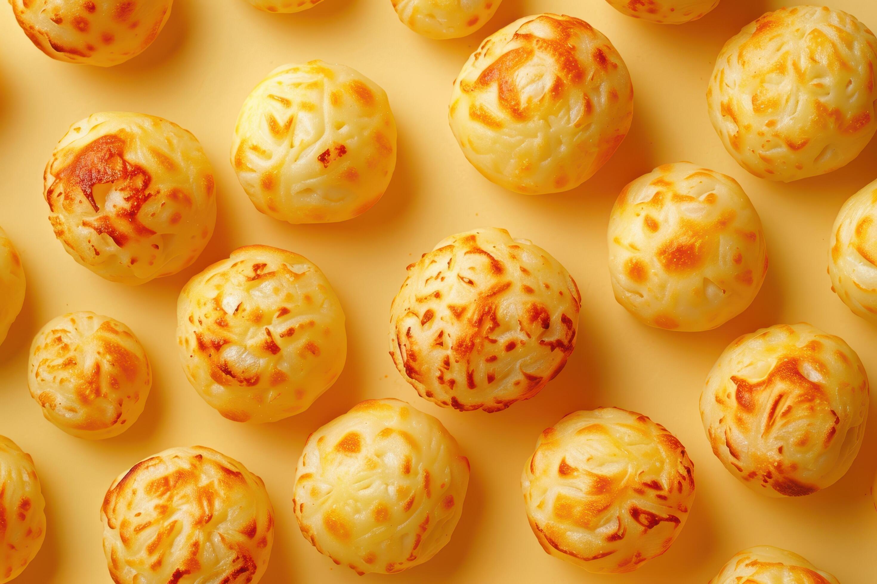 Golden Brown, Crispy Potato Balls on Yellow Background Stock Free