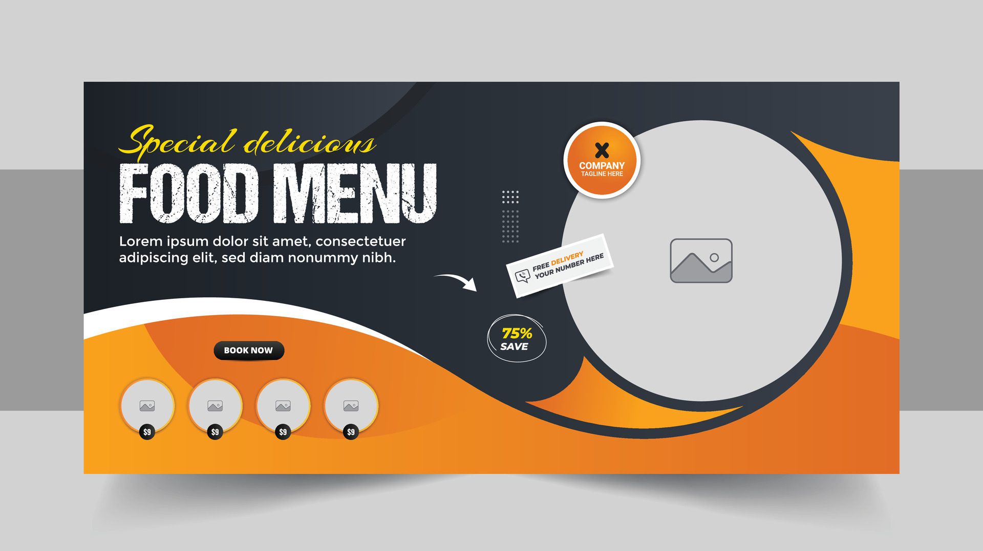 Restaurant food menu social media marketing web banner. Pizza, burger or hamburger online sale promotion video thumbnail Free Vector