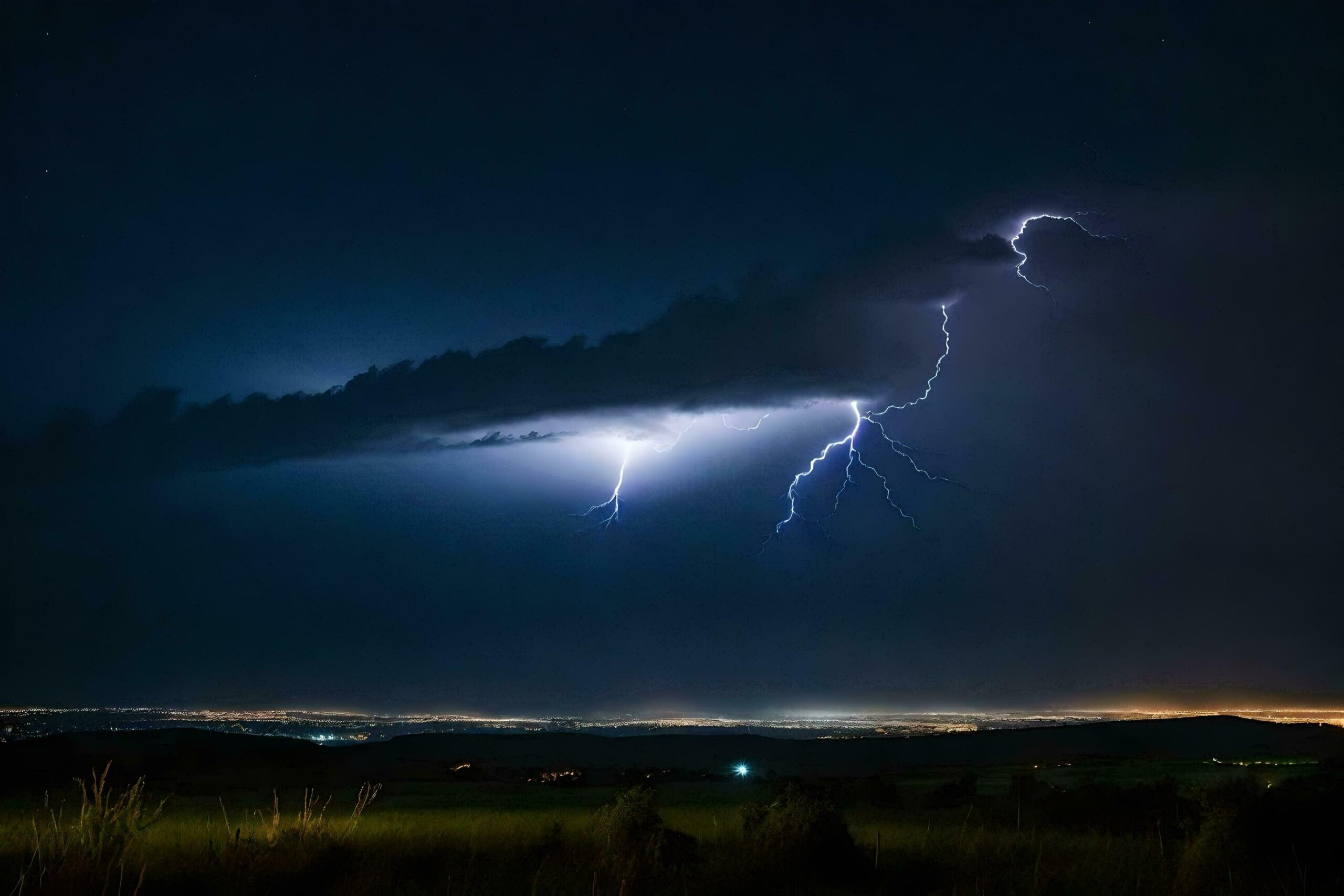 lightning over the mountains in the night sky Free Photo