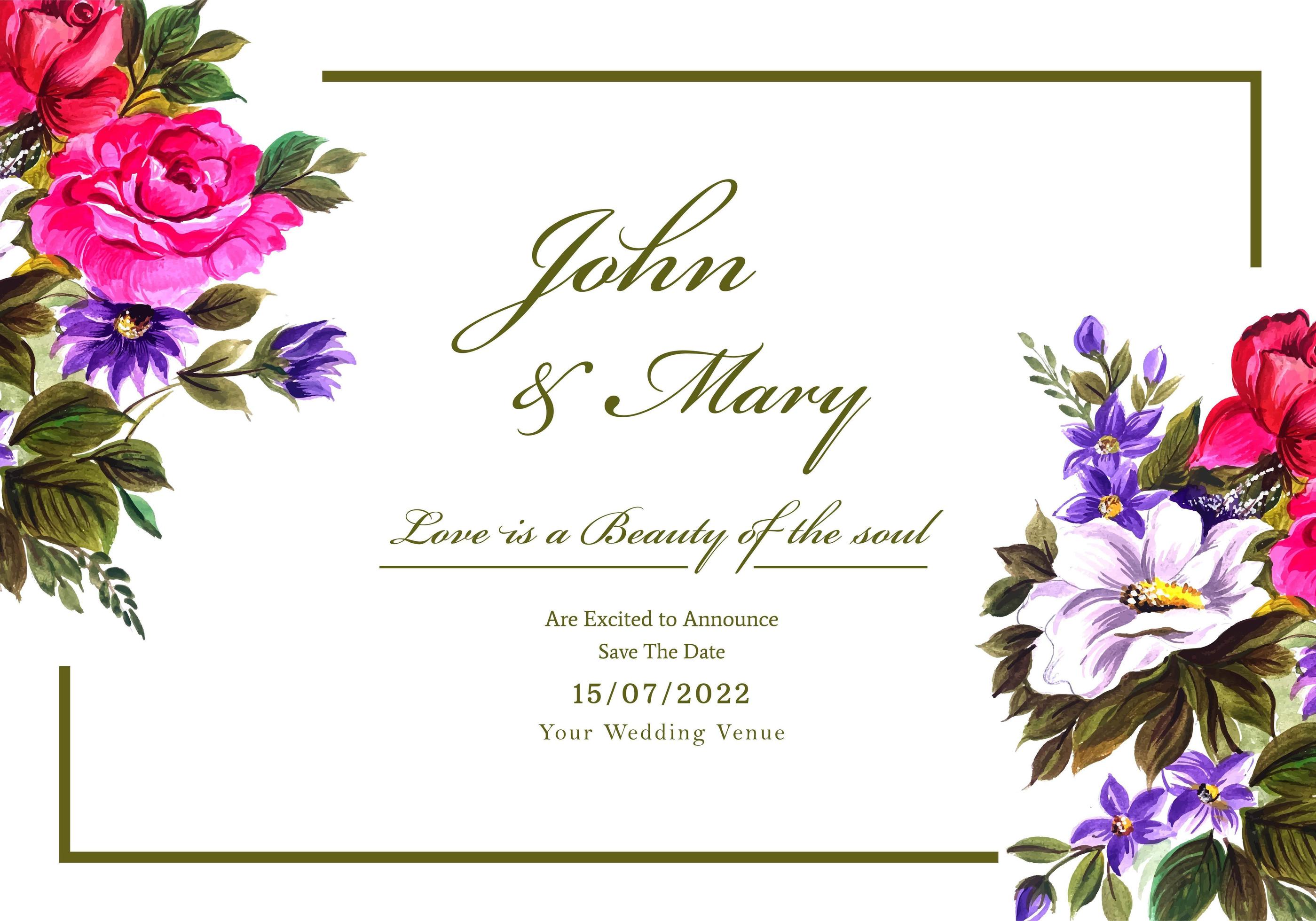 Romantic wedding invitation with colorful flowers Stock Free