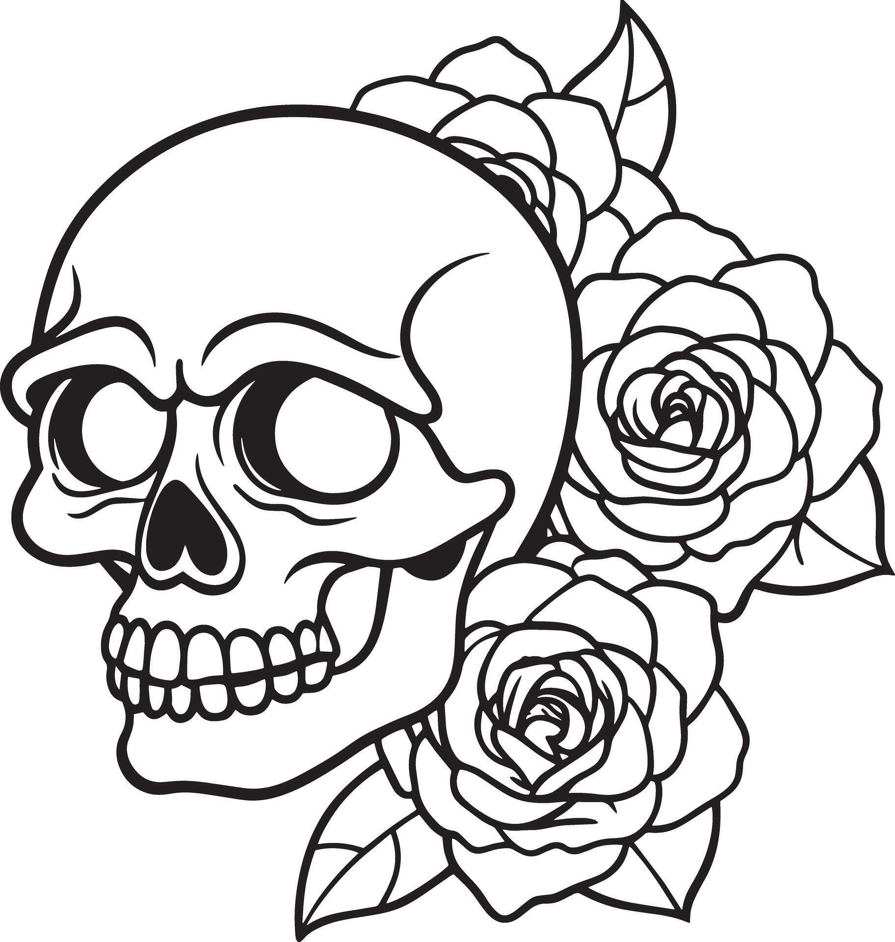 skull with rose flowers line art black and white illustration Stock Free