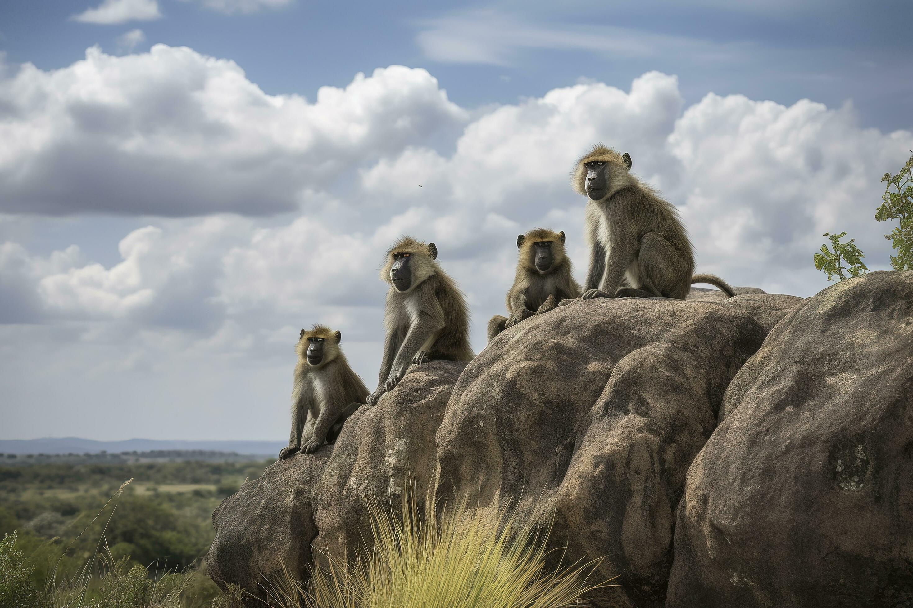 A family of baboons perched on a rocky outcropping in a savanna landscape, generate ai Stock Free