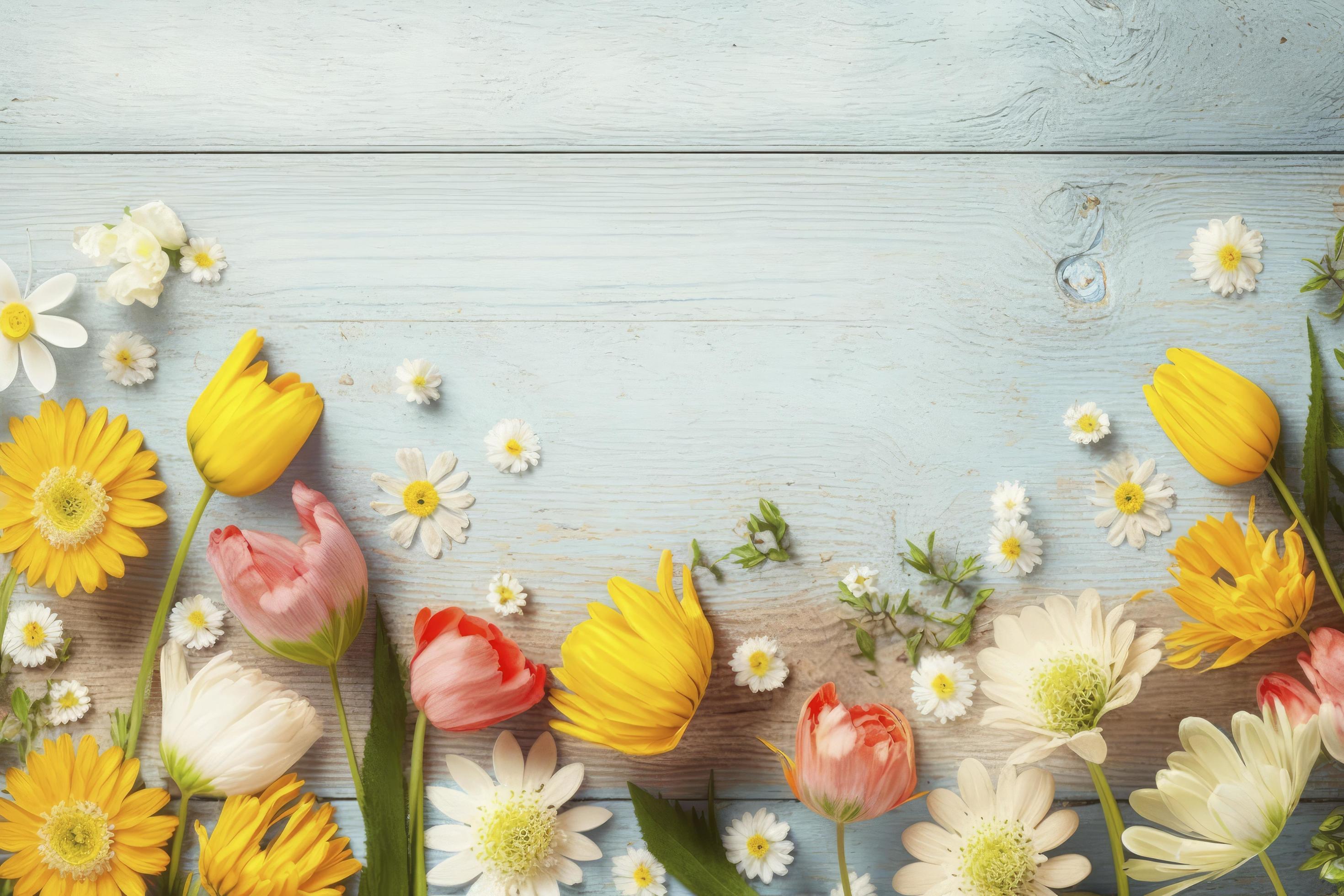 Garden flowers over wooden background stock photo Springtime, generate ai Stock Free