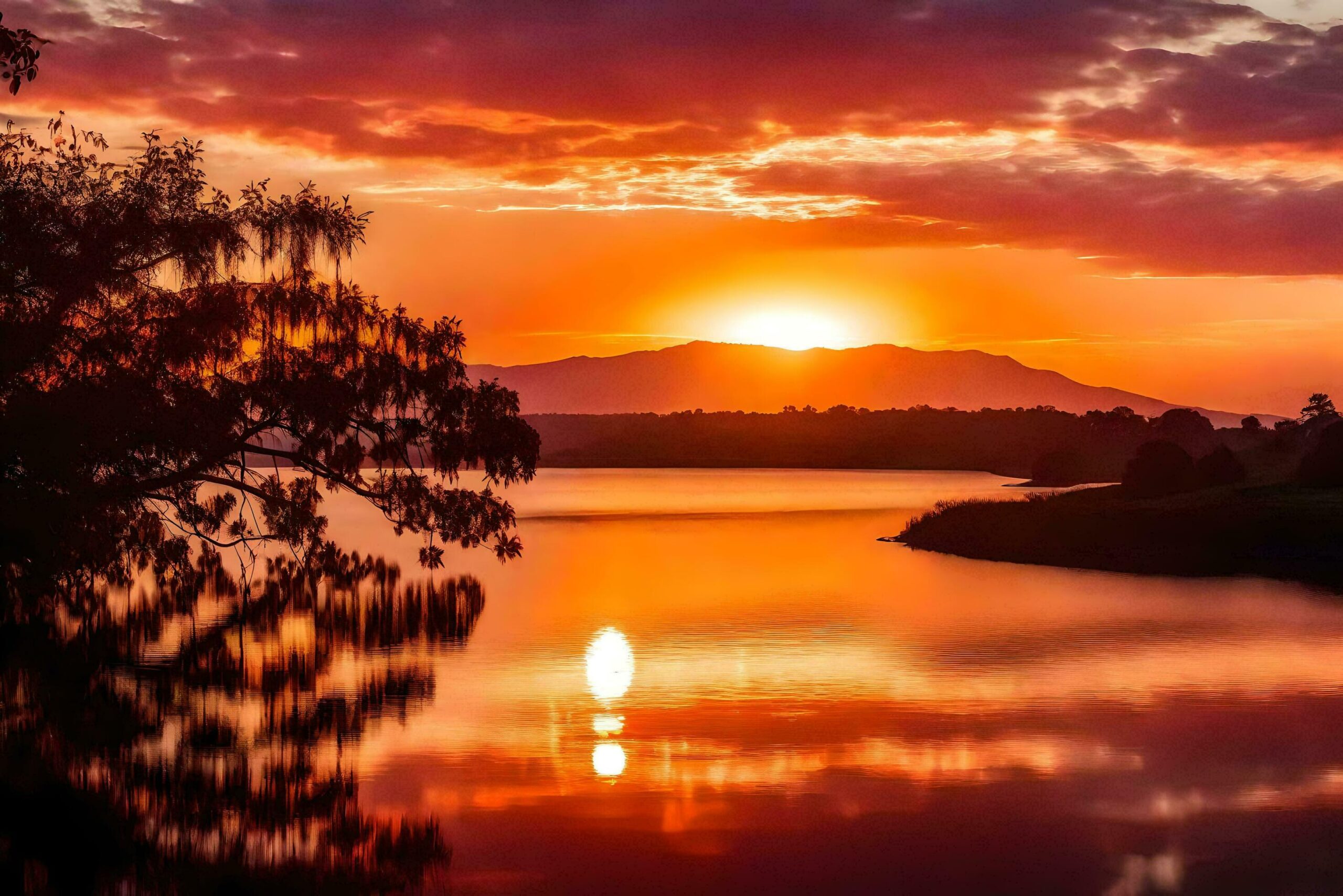 the sun sets over a lake with trees and mountains in the background Free Photo