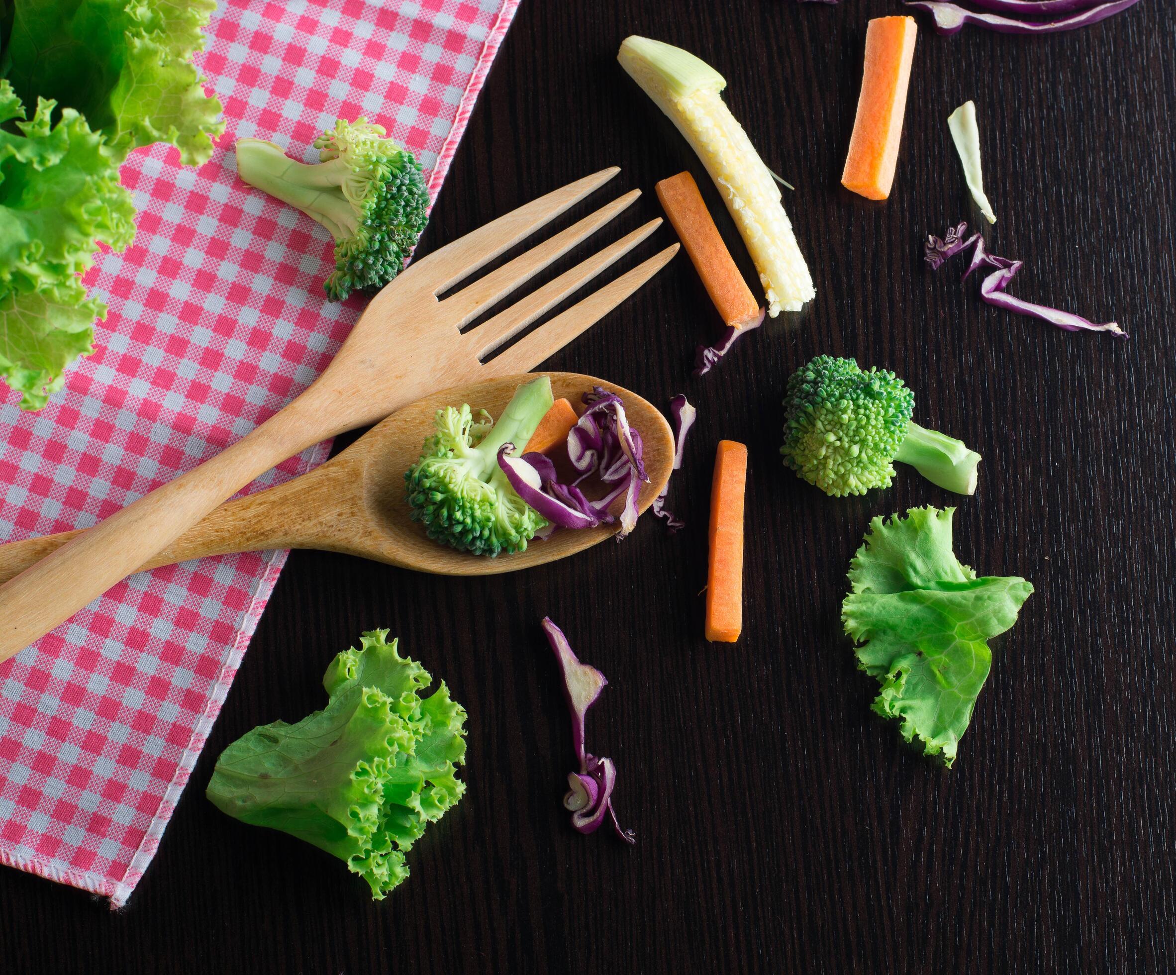 Mixed Vegetables have a carrots, broccoli, cauliflower, Purple cabbage, lettuce – clean food concept Stock Free