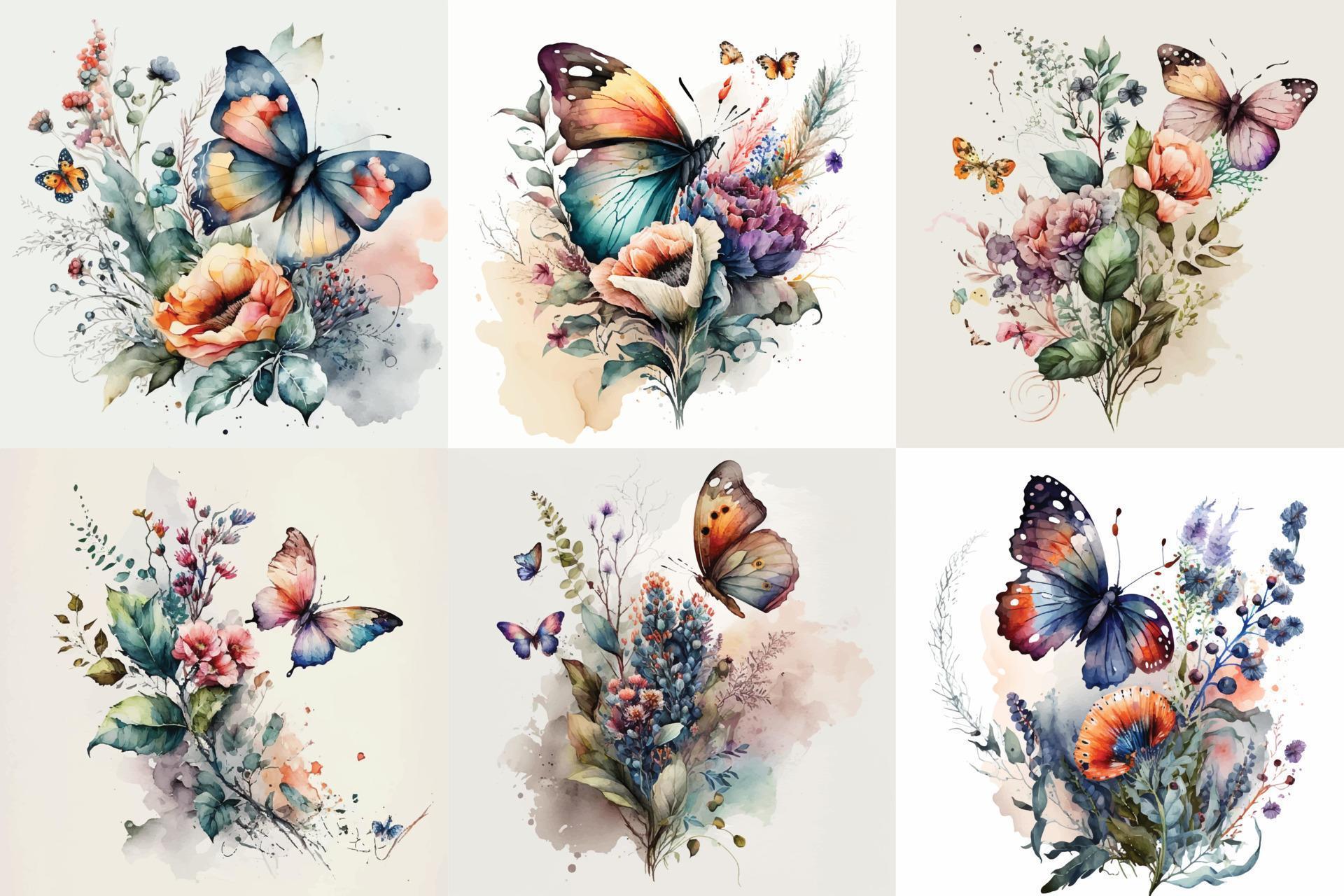 Butterfly Watercolor set, Floral Illustration, Floral Flower, Floral Bundle Stock Free