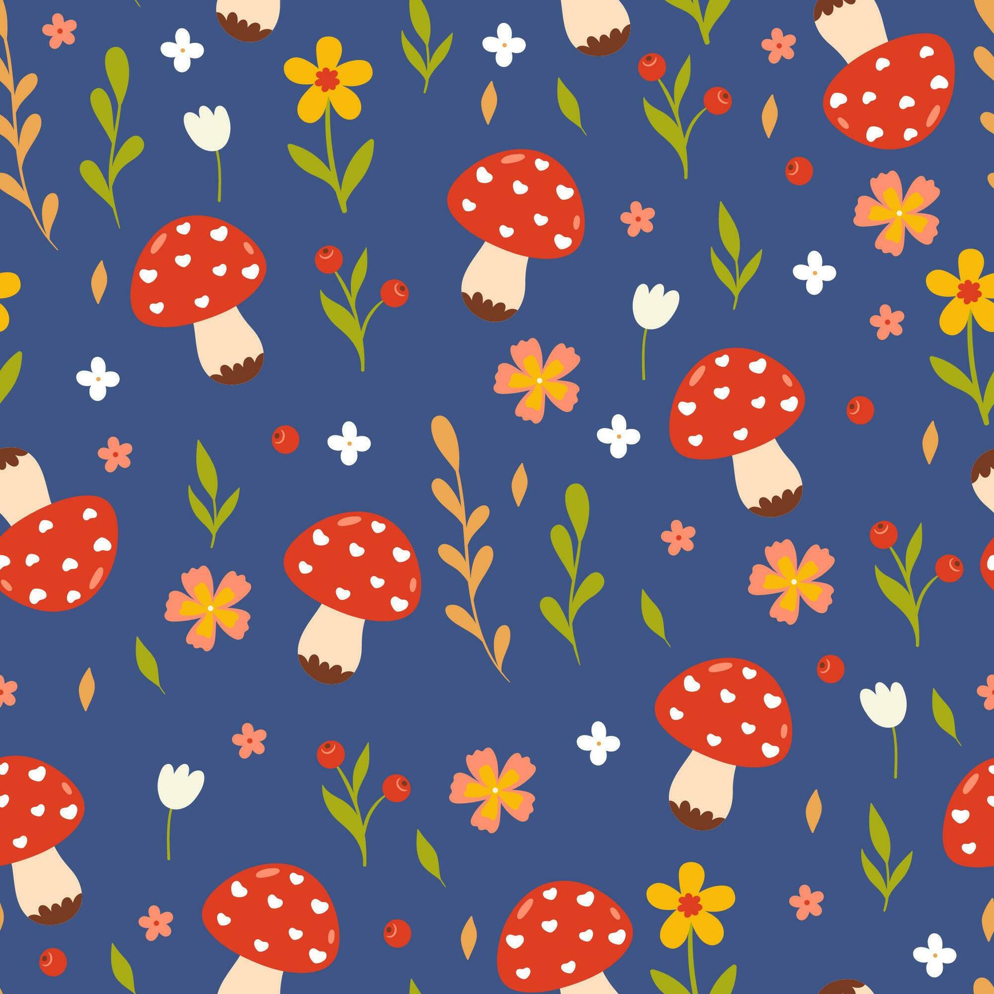 Simple seamless pattern with mushrooms and flowers. Vector graphics. Stock Free