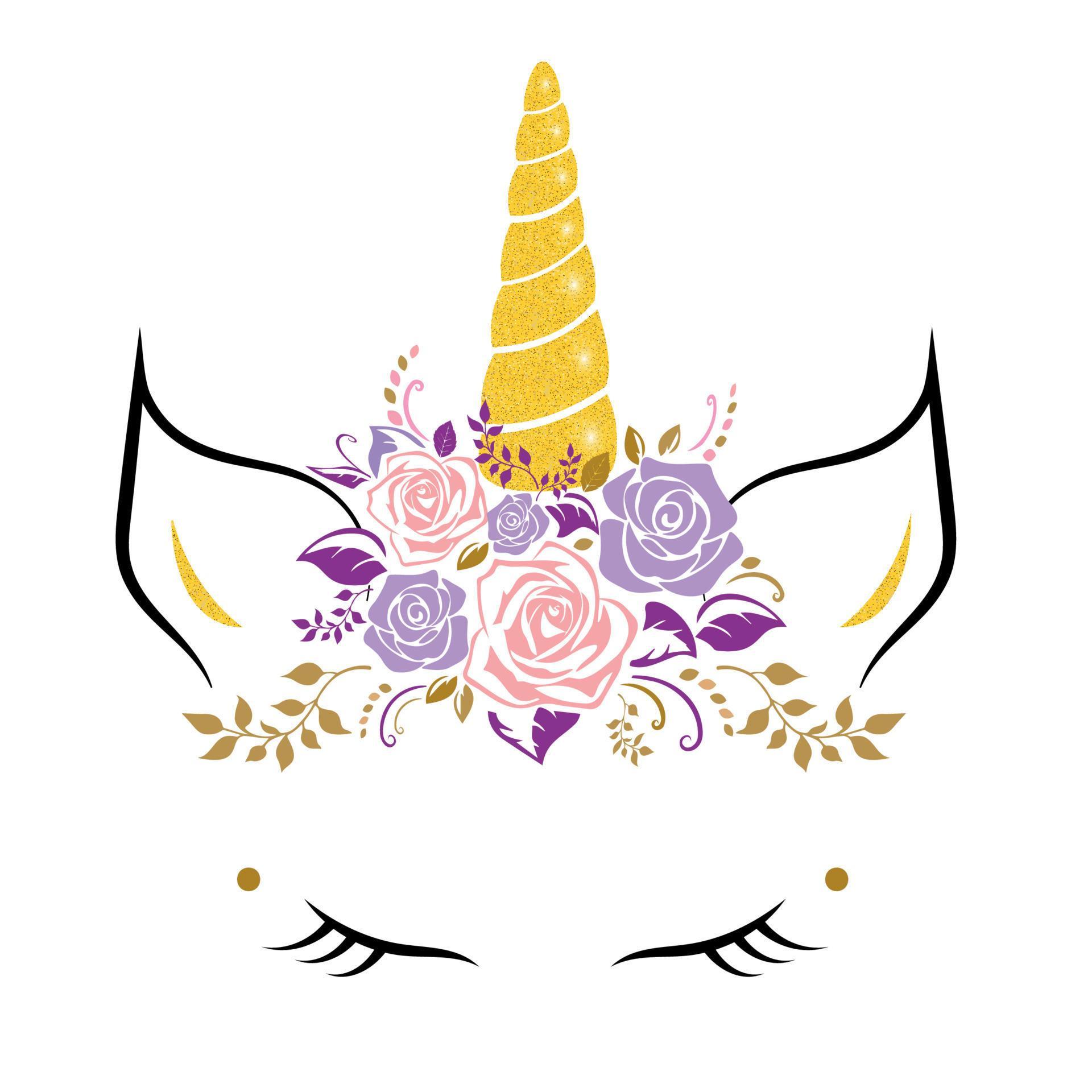 Cute unicorn face with a flower on purple and pink colors Stock Free