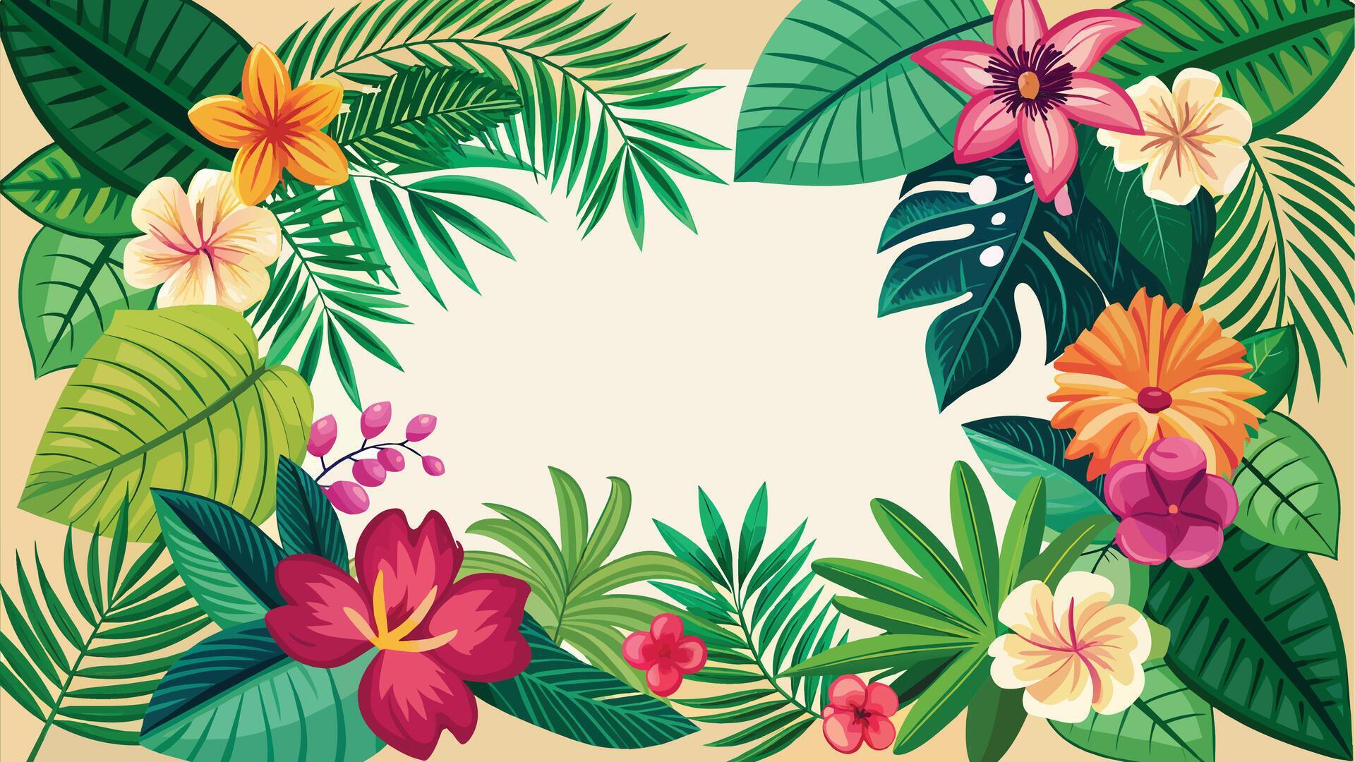 Tropical background with flowers and palm leaves. Vector Stock Free