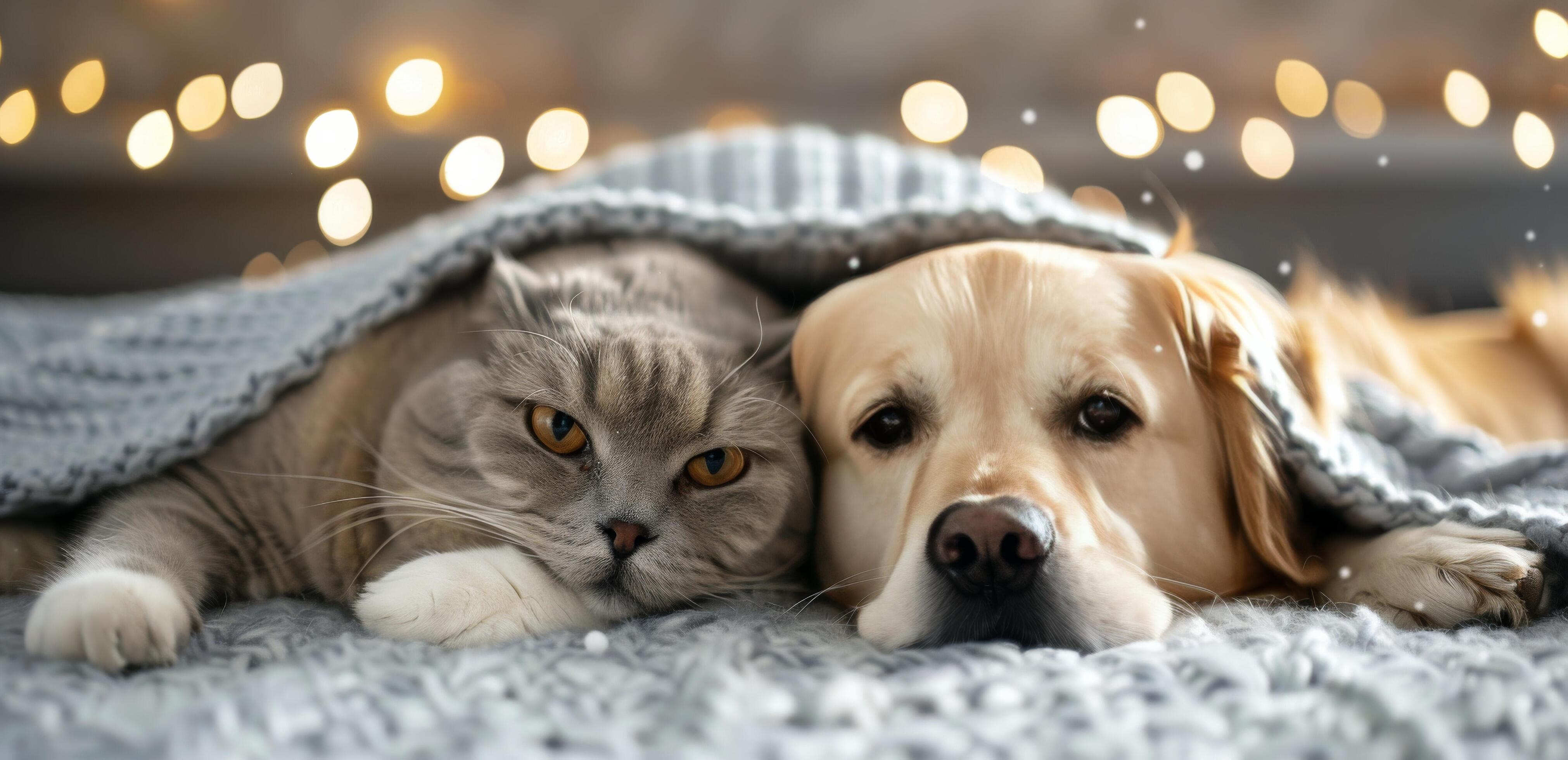 Cozy Cat and Dog Wrapped in Blanket on a Soft Surface With Warm Lights Background Stock Free