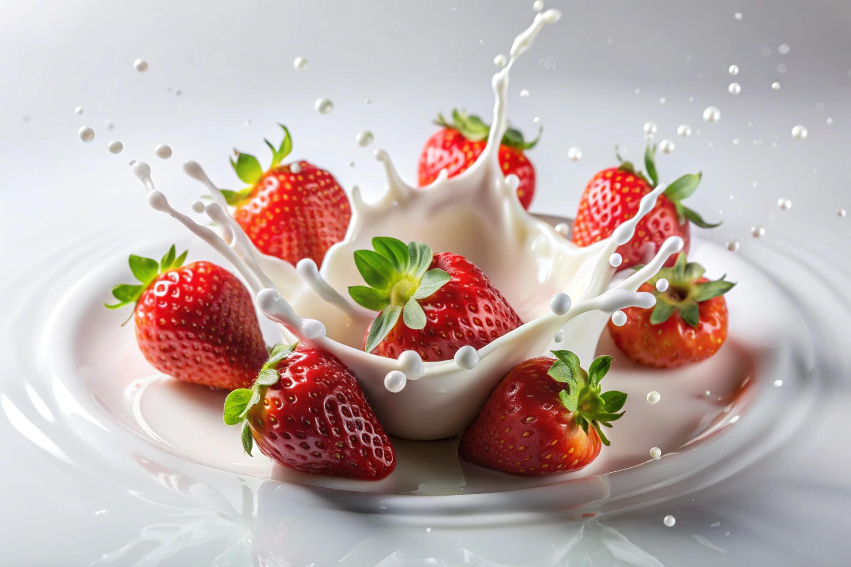 Milk splashes with strawberry on white background Stock Free