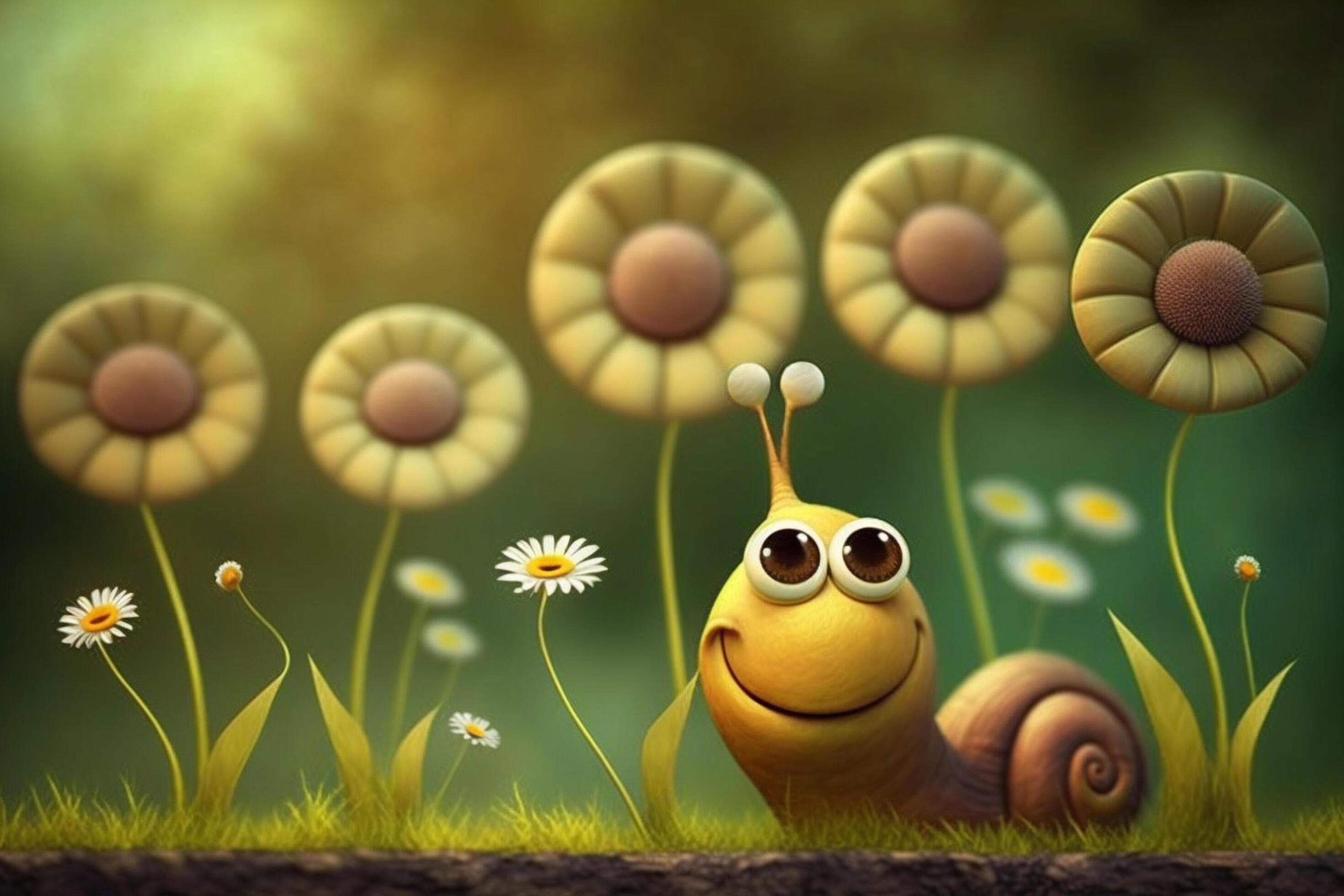 A funny snail among flowers in spring on a meadow Stock Free