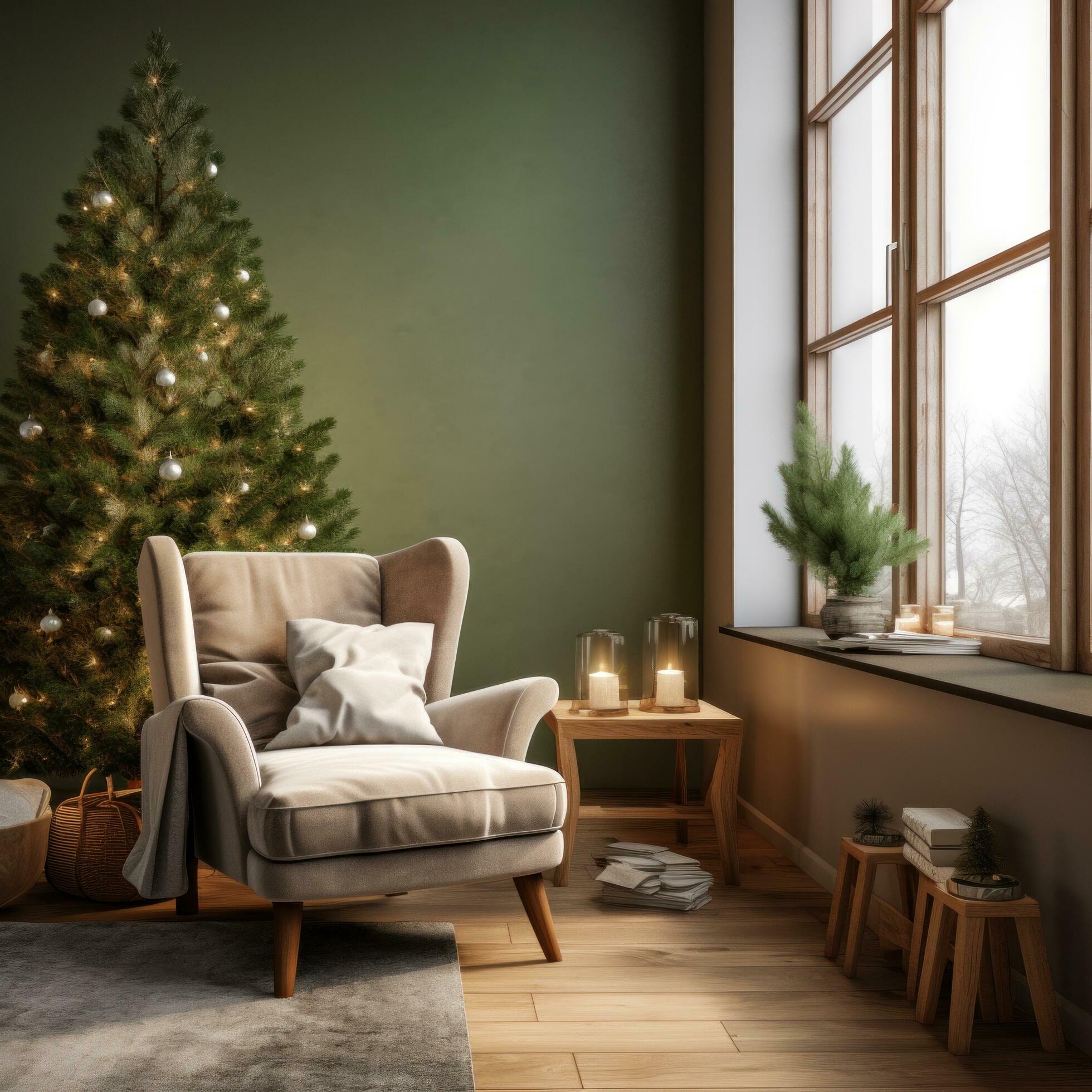 AI generated a family room with a small christmas tree and a green chair Stock Free