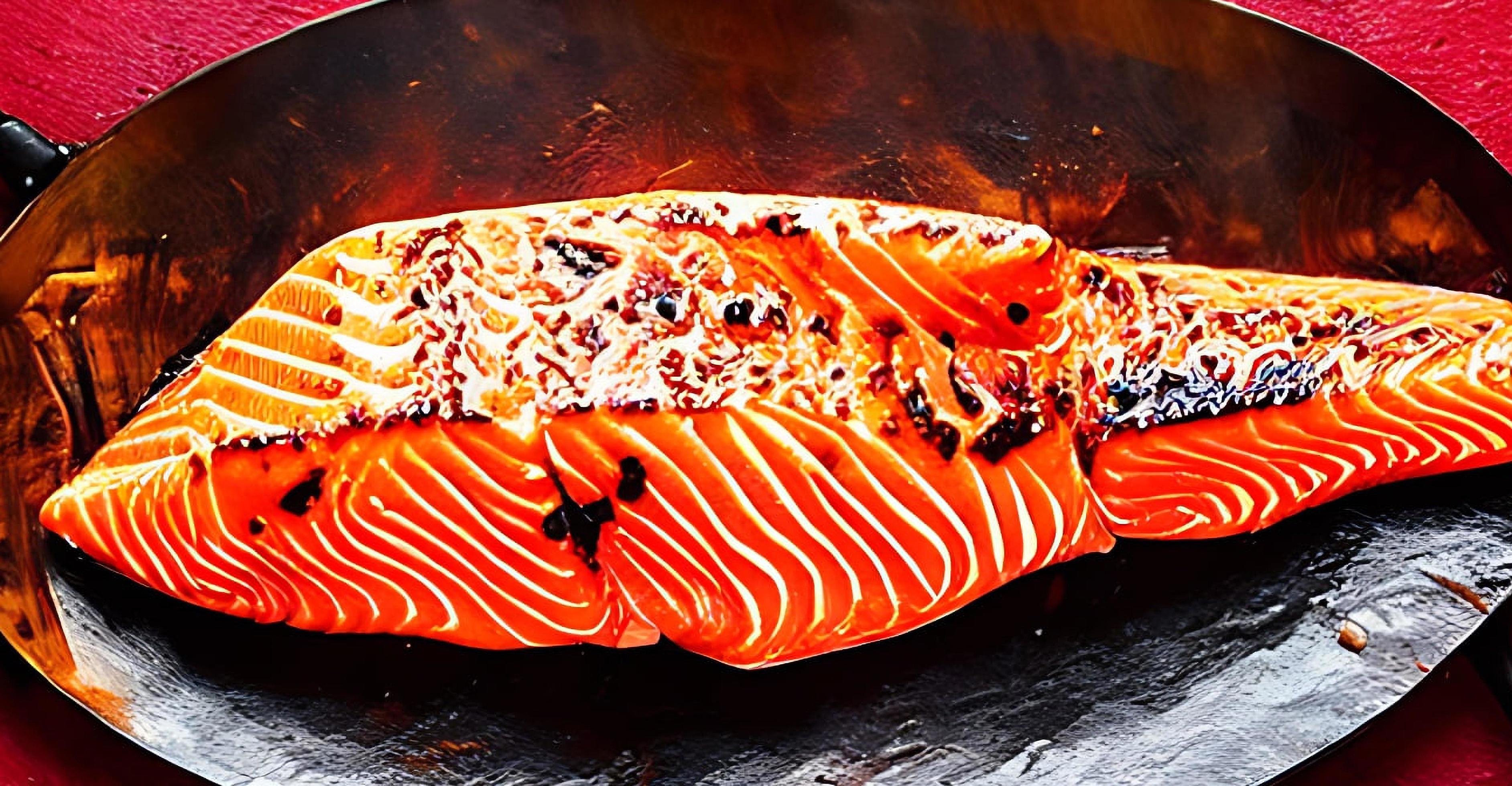 Grilled salmon. Healthy food baked salmon. Hot fish dish. Stock Free