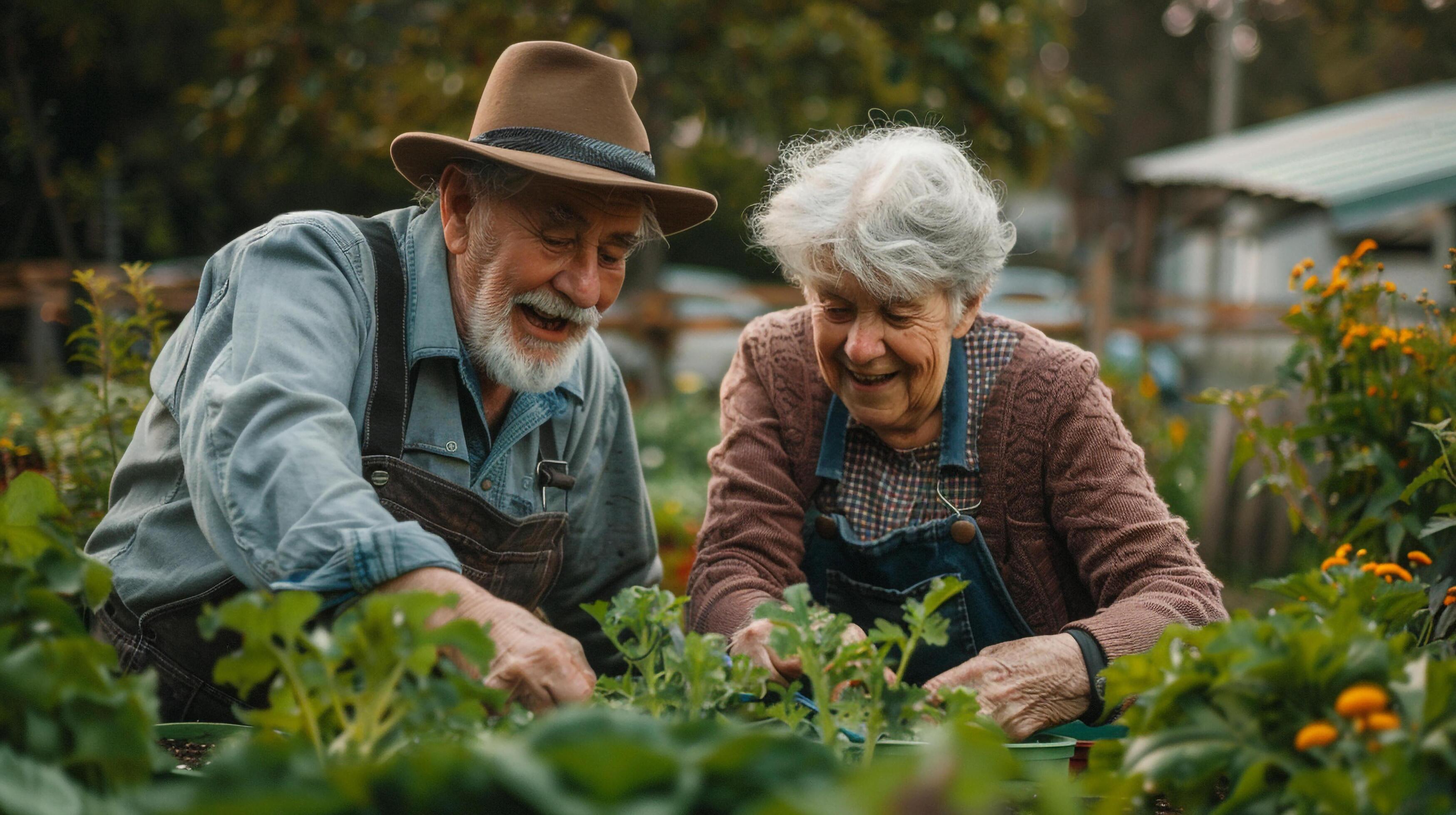 AI generated A senior couple staying active by gardening together Stock Free