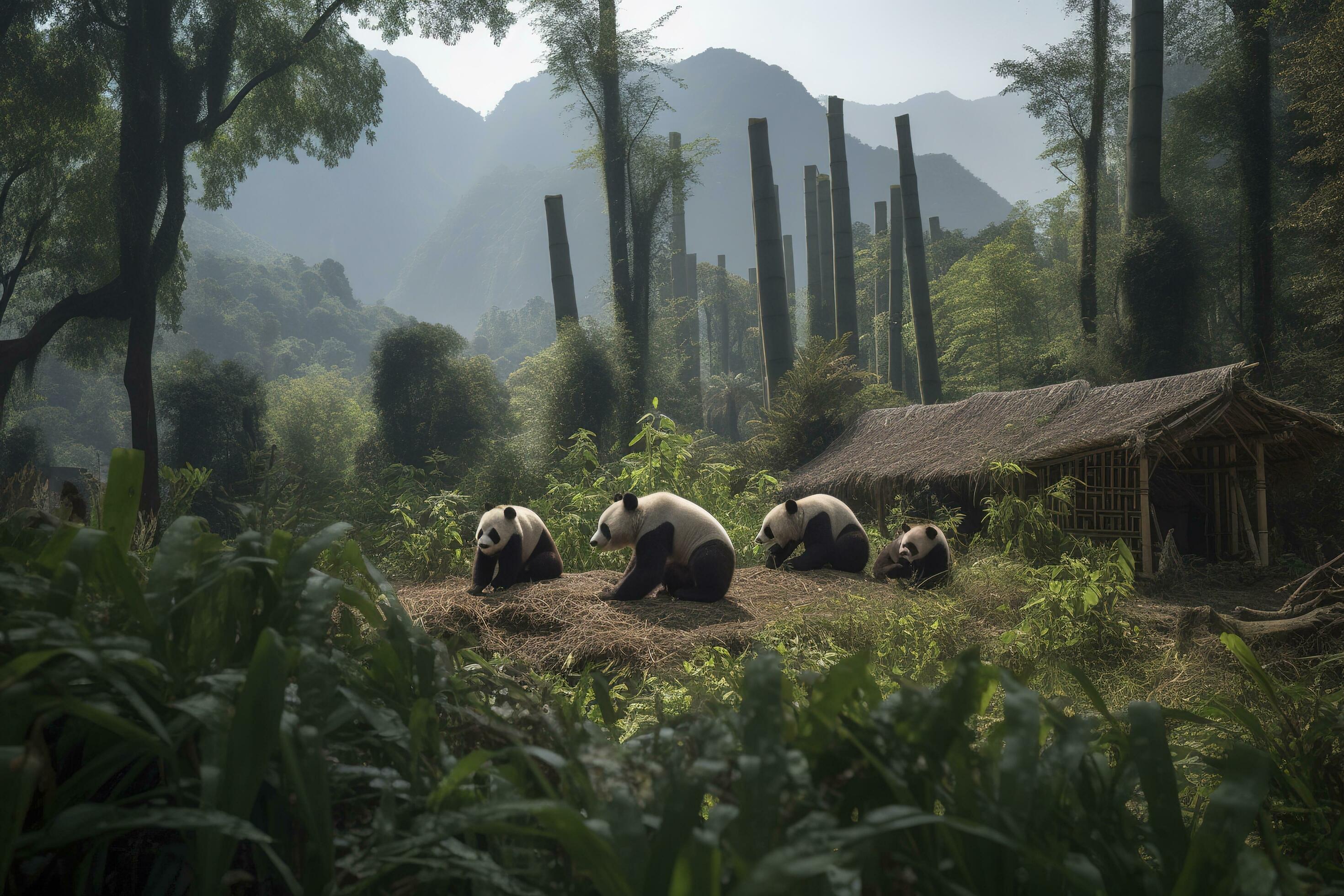 A family of pandas playing in a bamboo forest with a mountain range in the background, generate ai Stock Free