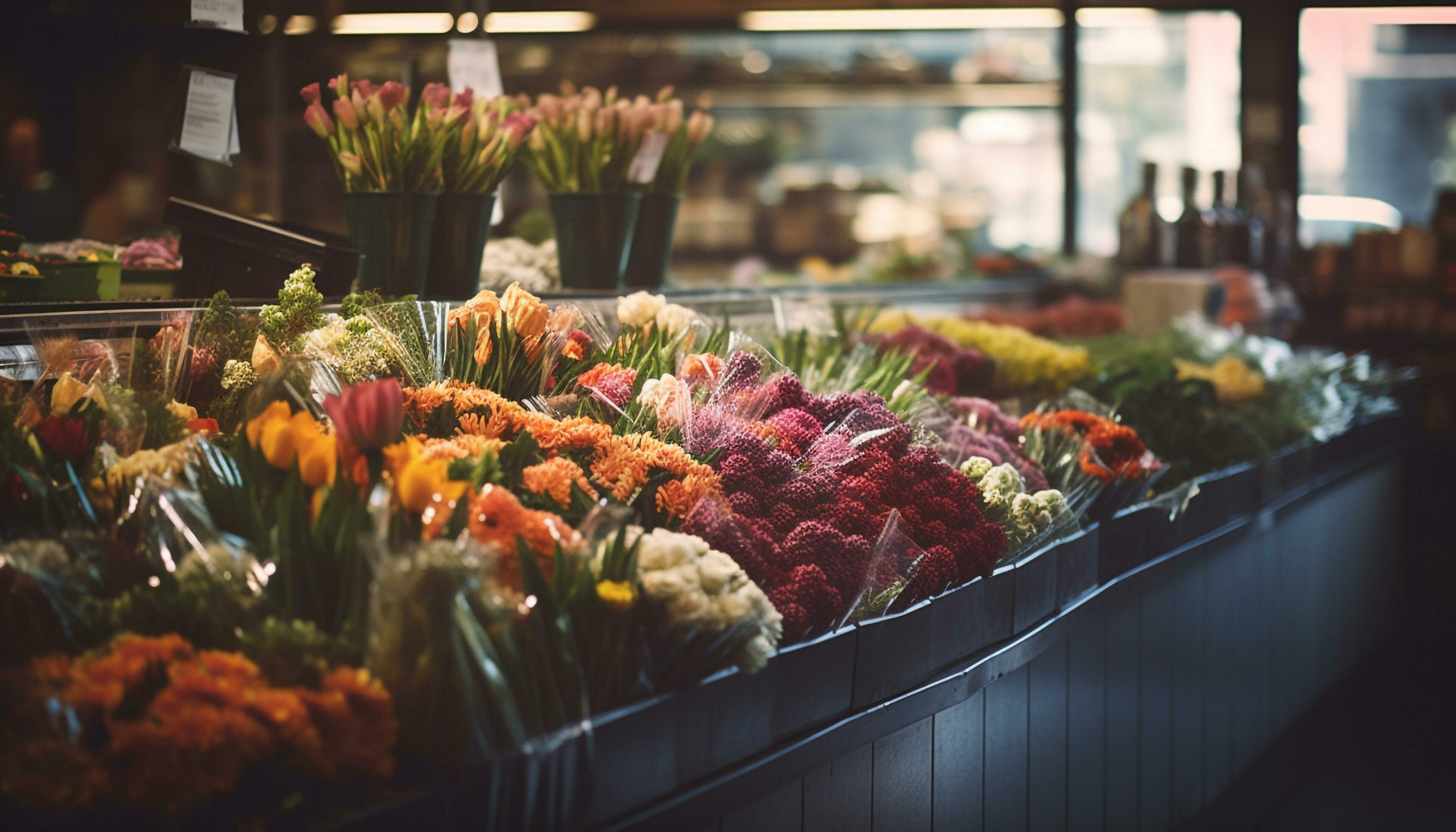 Organic flower bouquet for sale at supermarket generated by AI Stock Free