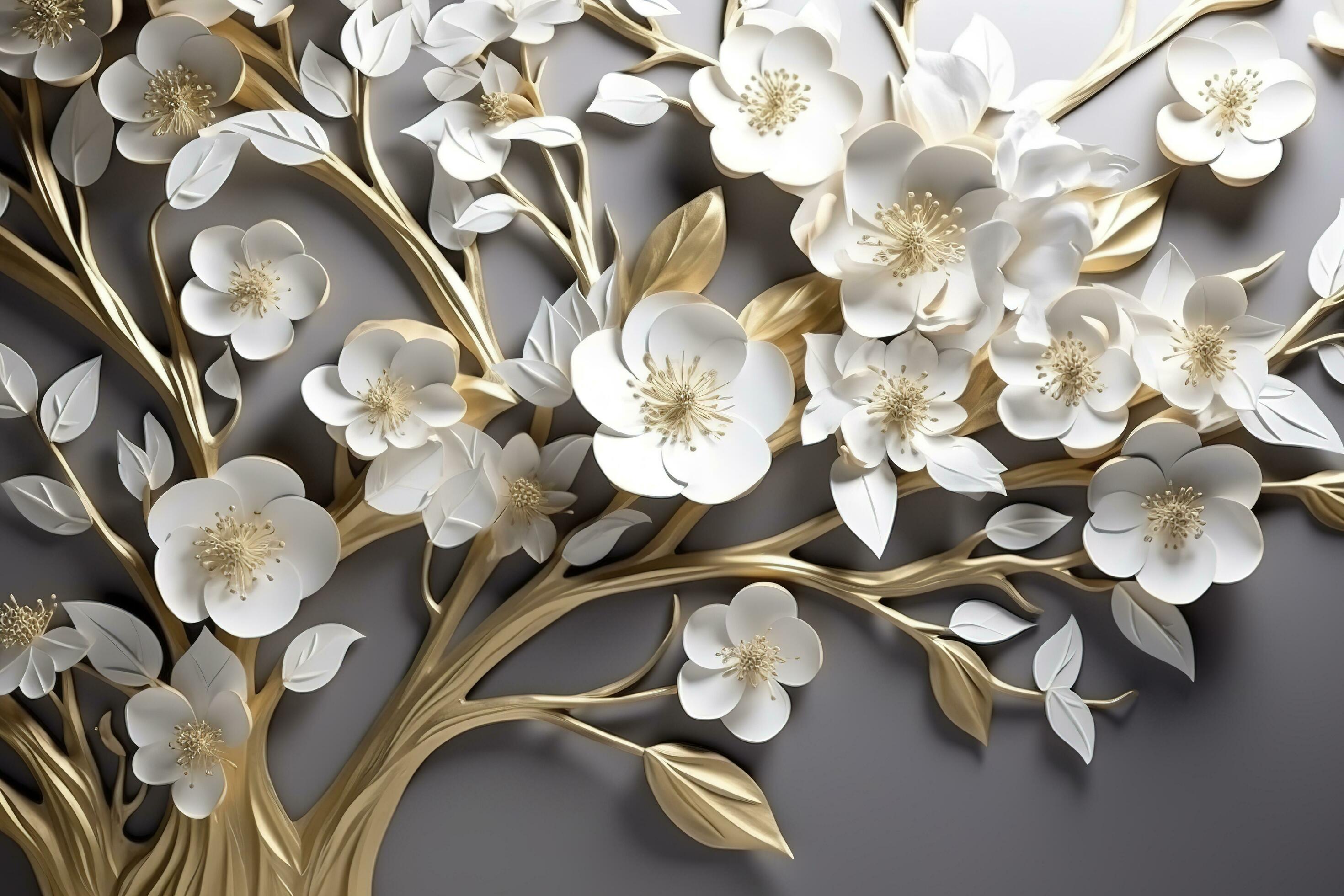 3d wallpaper floral tree background with white flower leaves and golden stem. interior wall home decor, generate ai Stock Free