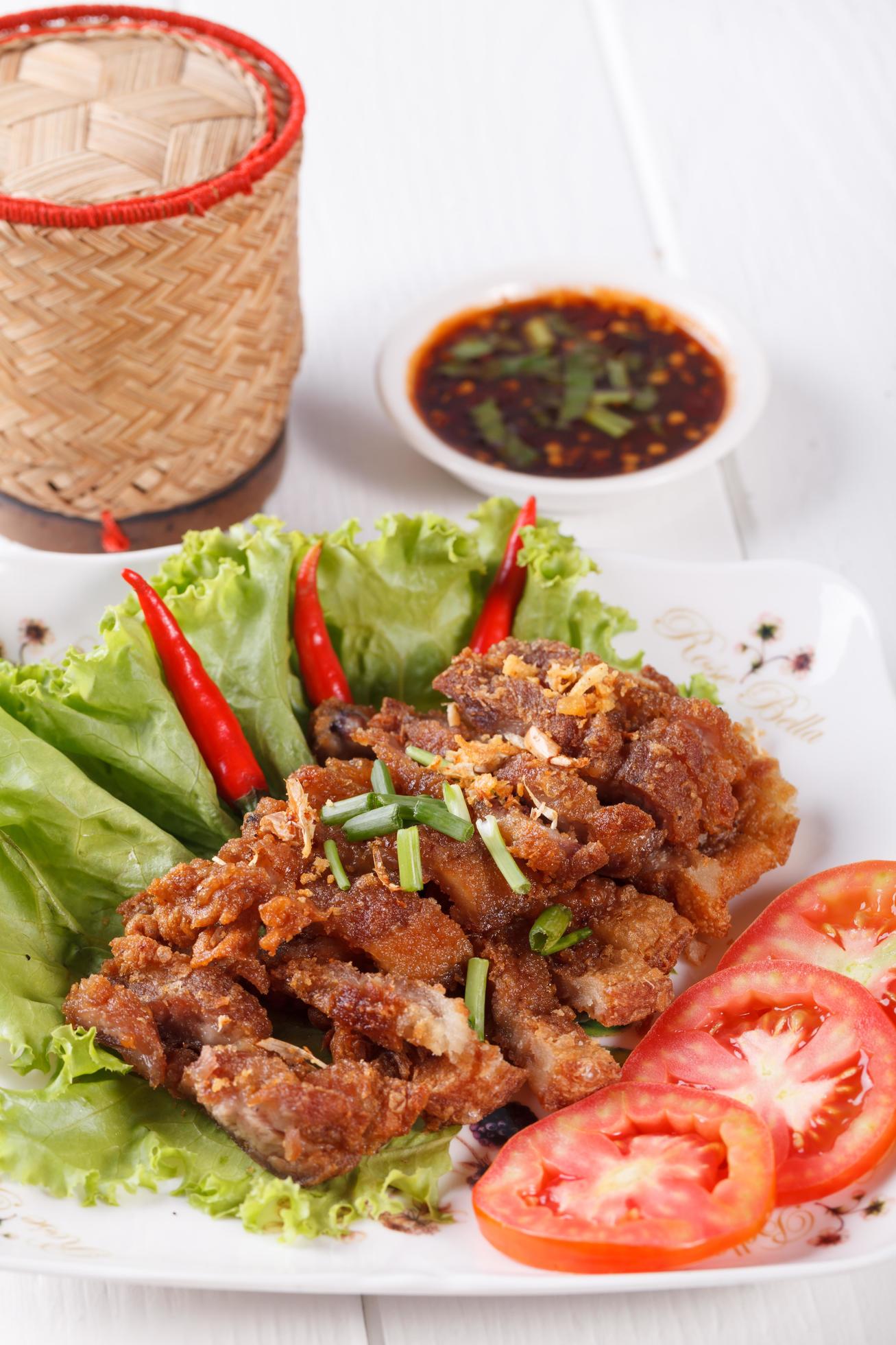 streaky pork fried with spicy dipping sauce, Thai food Stock Free