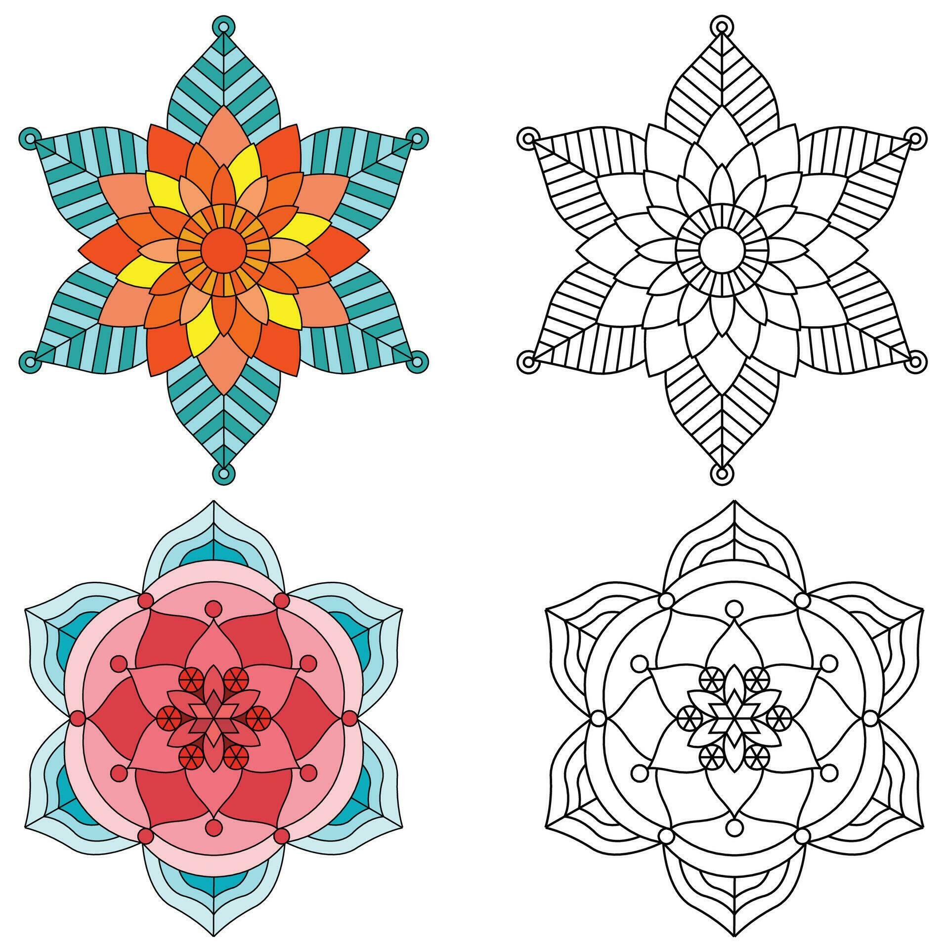 Mandala flower 2 style coloring for adults picture for relative therapy. Vintage decorative elements. Oriental pattern, vector illustration Stock Free