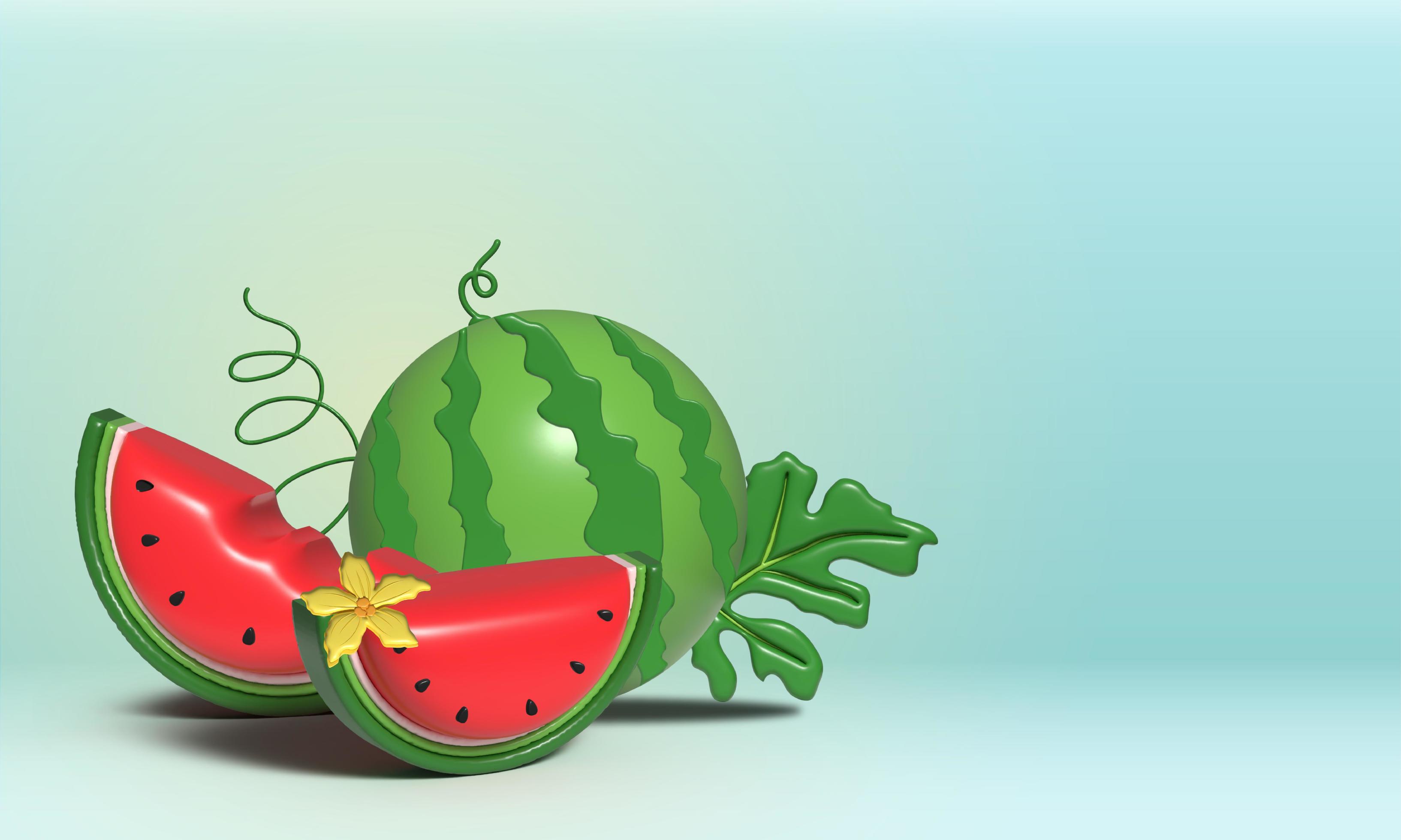 3D Watermelon and juicy slices banner, 3D illustration of watermelon juice, Fresh and juicy fruit concept of summer food. Stock Free