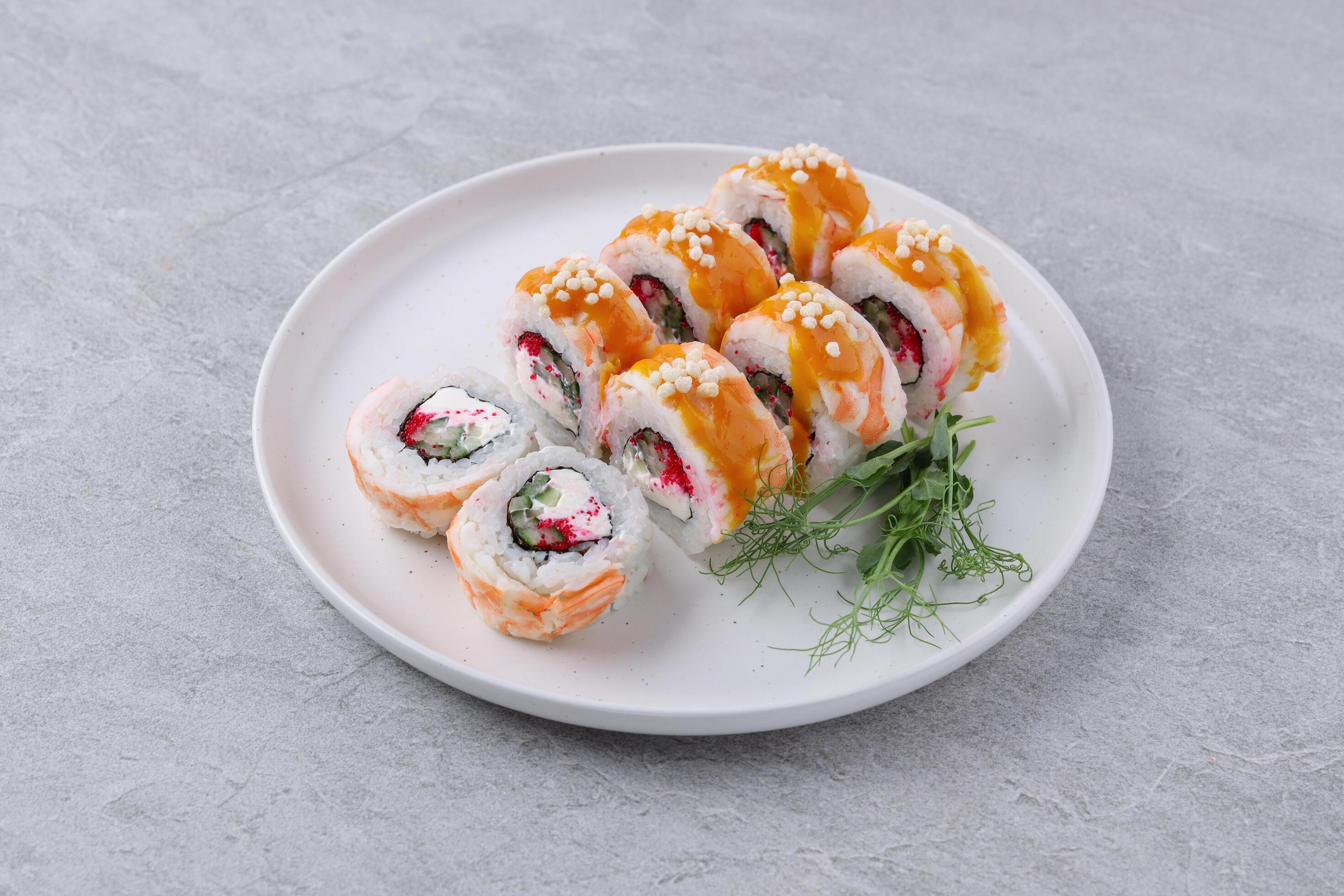 rolls with shrimp on a white background studio shooting 2 Stock Free