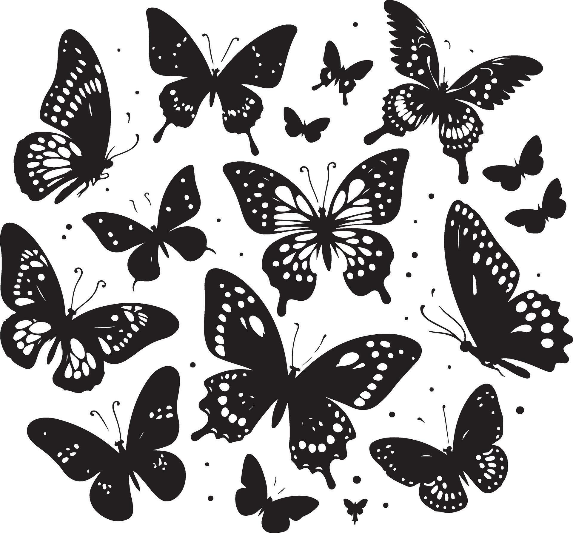 Butterflies and flowers, pattern with butterflies, set of butterflies, Flying butterflies silhouette black set isolated on white background Stock Free