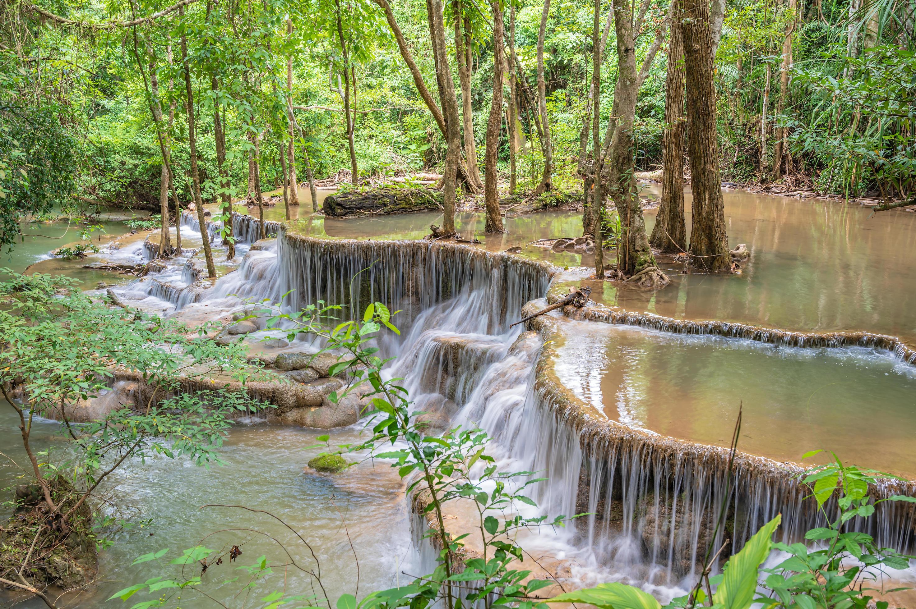 Landscape of Huai mae khamin waterfall Srinakarin national park at Kanchanaburi thailand.Huai mae khamin waterfall sixth floor Dong Phi Sue Stock Free