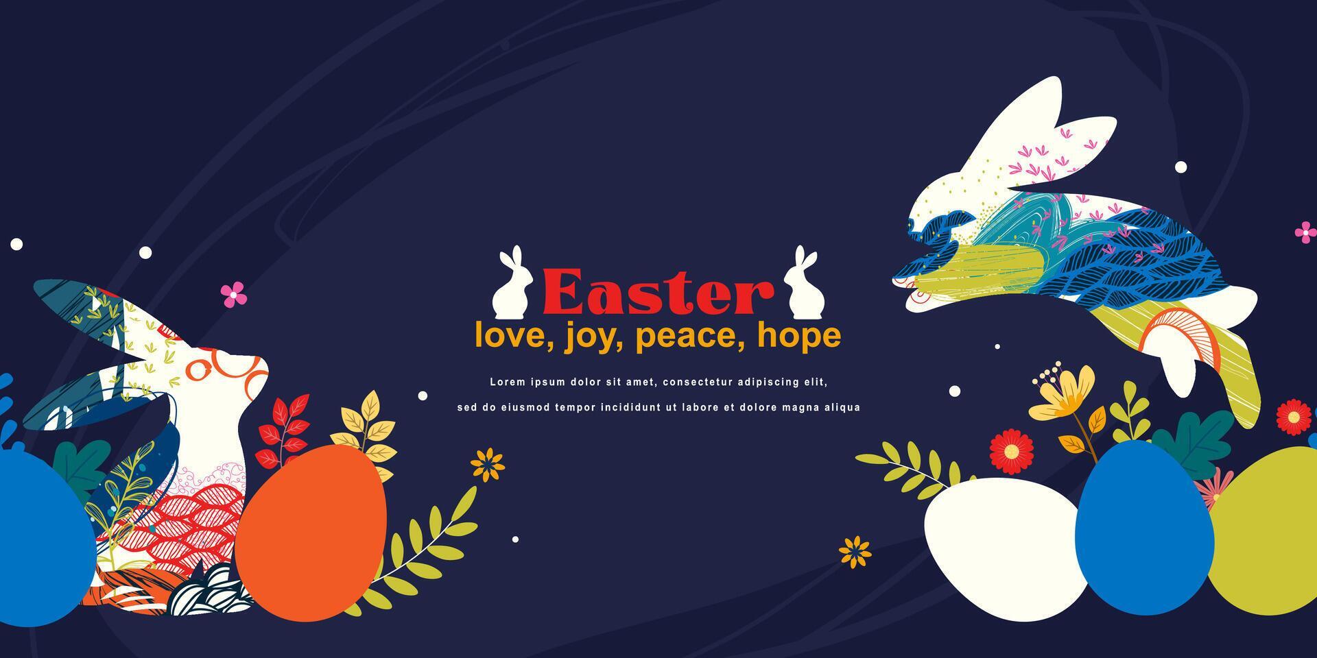 Happy Easter banner with frame made of eggs bunnies and spring flowers in flat style Stock Free