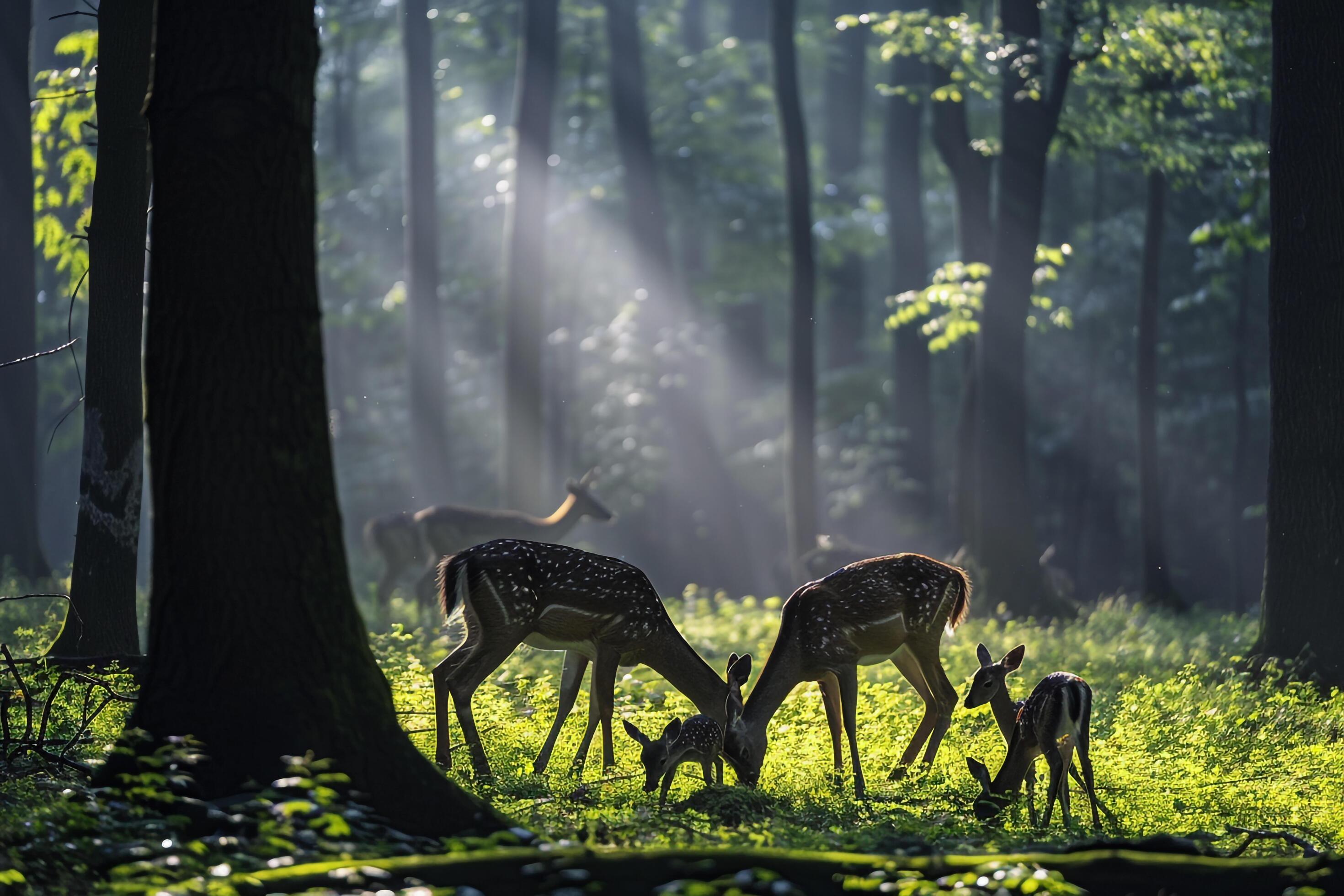 family of deer grazing in a forest clearing at dawn nature background Stock Free