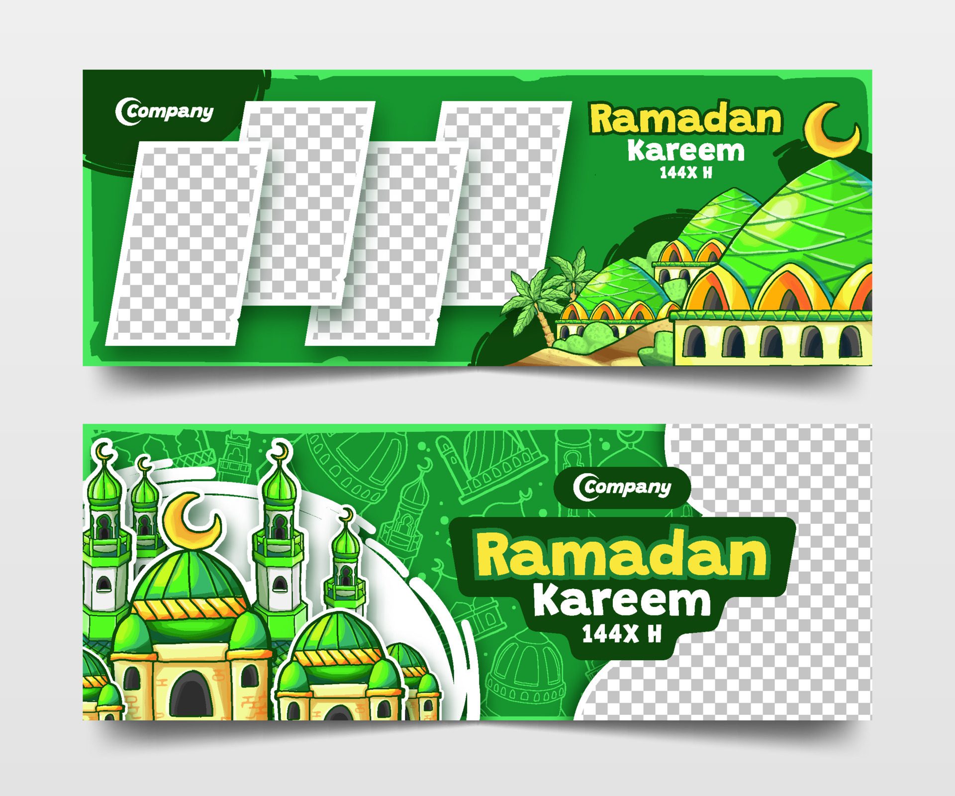 
									Green Ramadan Kareem Banners with Hand Drawn Mosques Illustration Free Vector