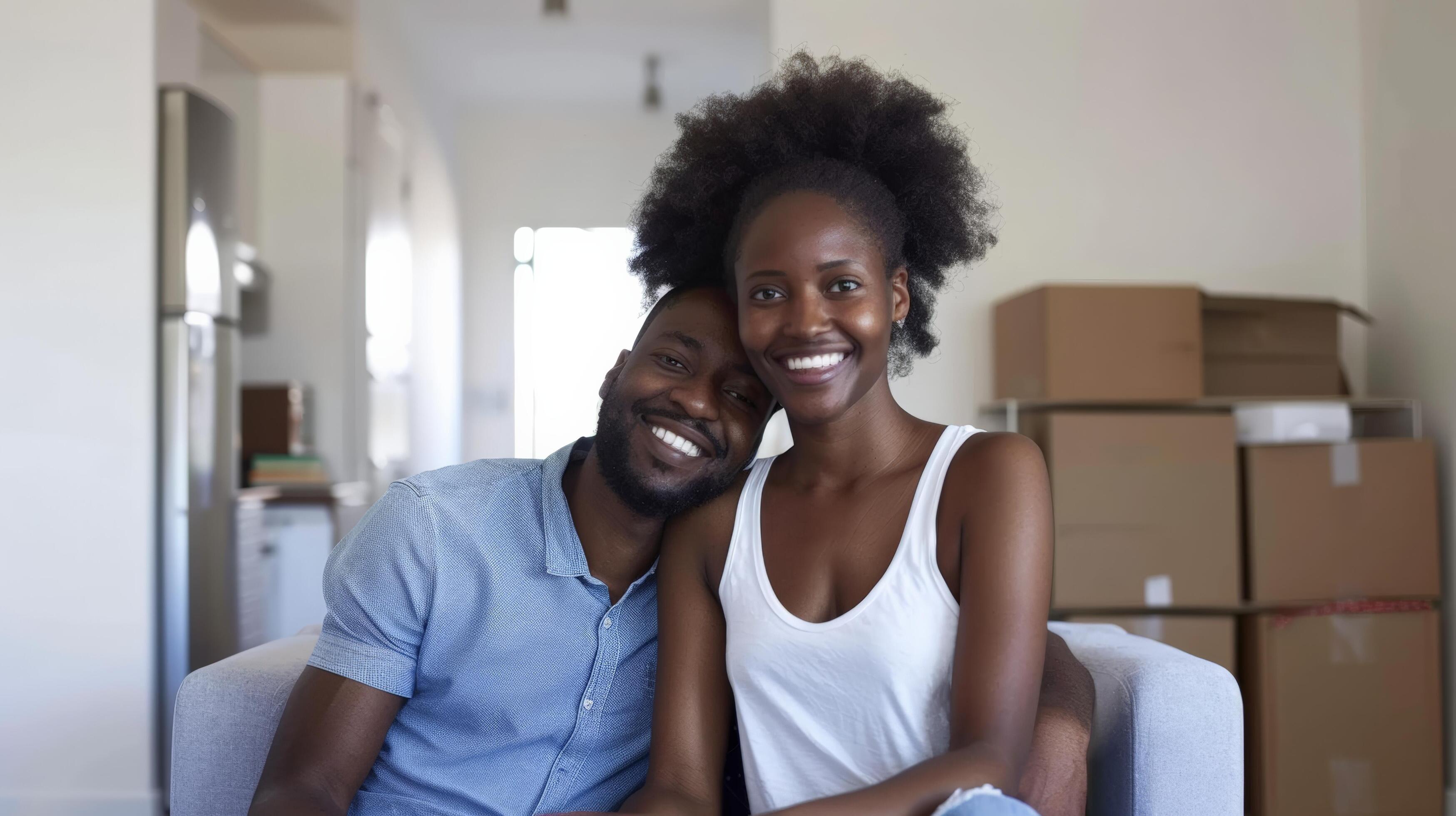 Happy couple sitting on a couch in their new home, smiling with moving boxes in the background Stock Free