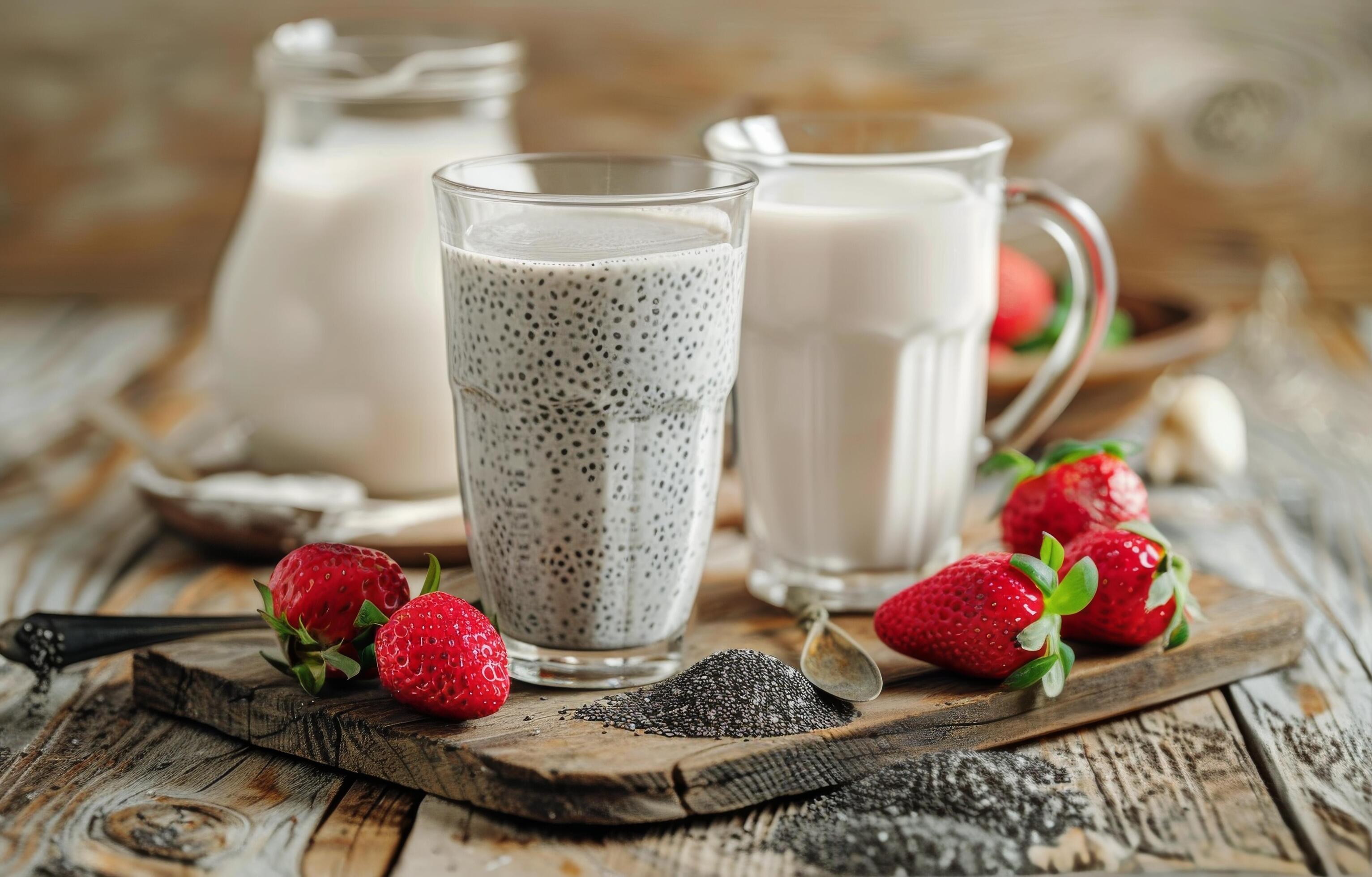 Chia Seed Pudding With Milk and Strawberries on Wooden Cutting Board Stock Free