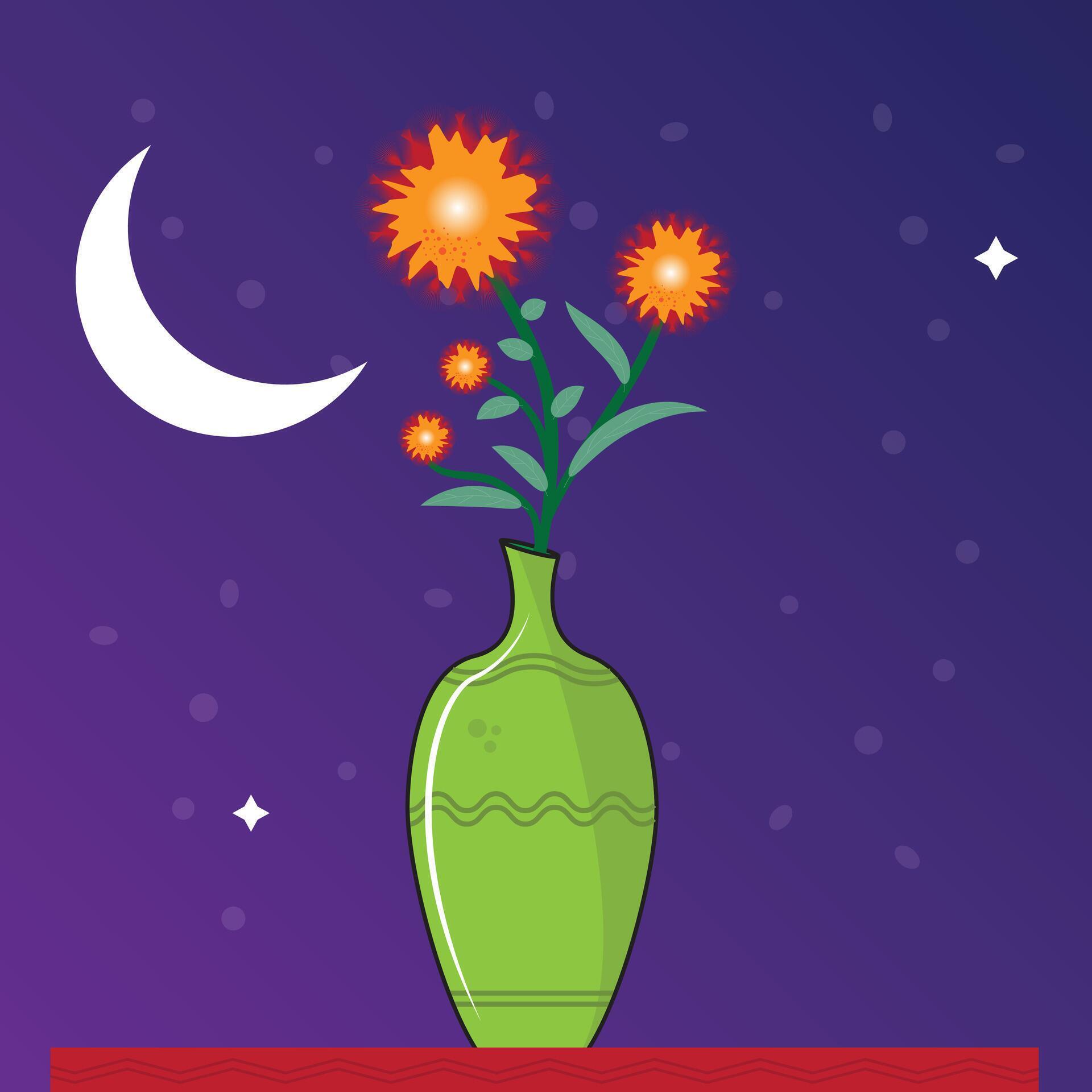 Clay made flower vase with flowers and Night background concept illustration. Indoor Plant with Moon at the sky. Stock Free