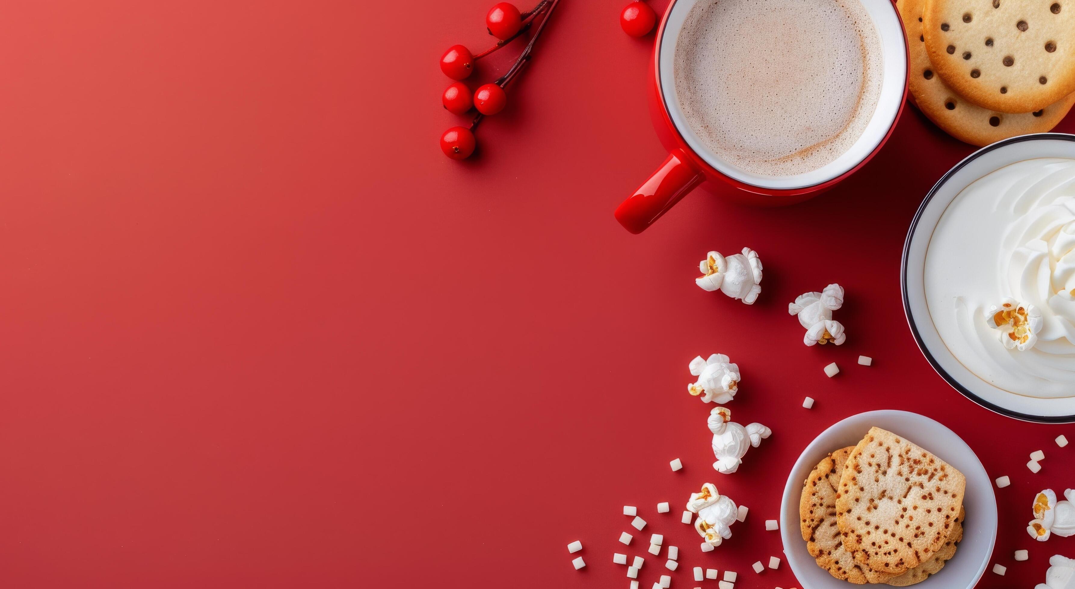 Cozy Hot Beverage and Treats on Red Background With Popcorn and Cookies Stock Free