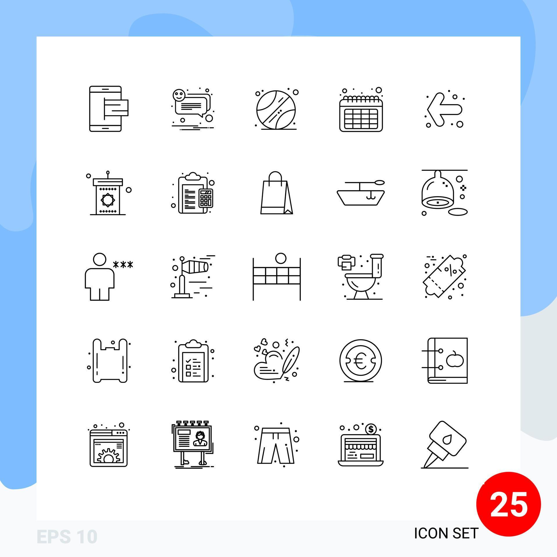 User Interface Pack of 25 Basic Lines of left arrow smile time calendar Editable Vector Design Elements Stock Free