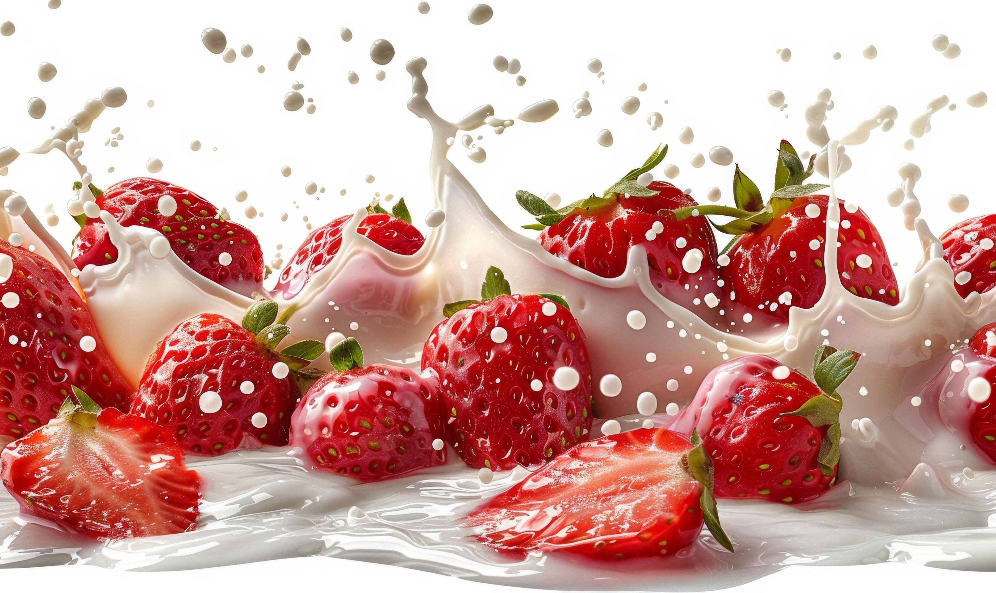 Fresh Red Strawberries Splashing Into Creamy Milk Stock Free