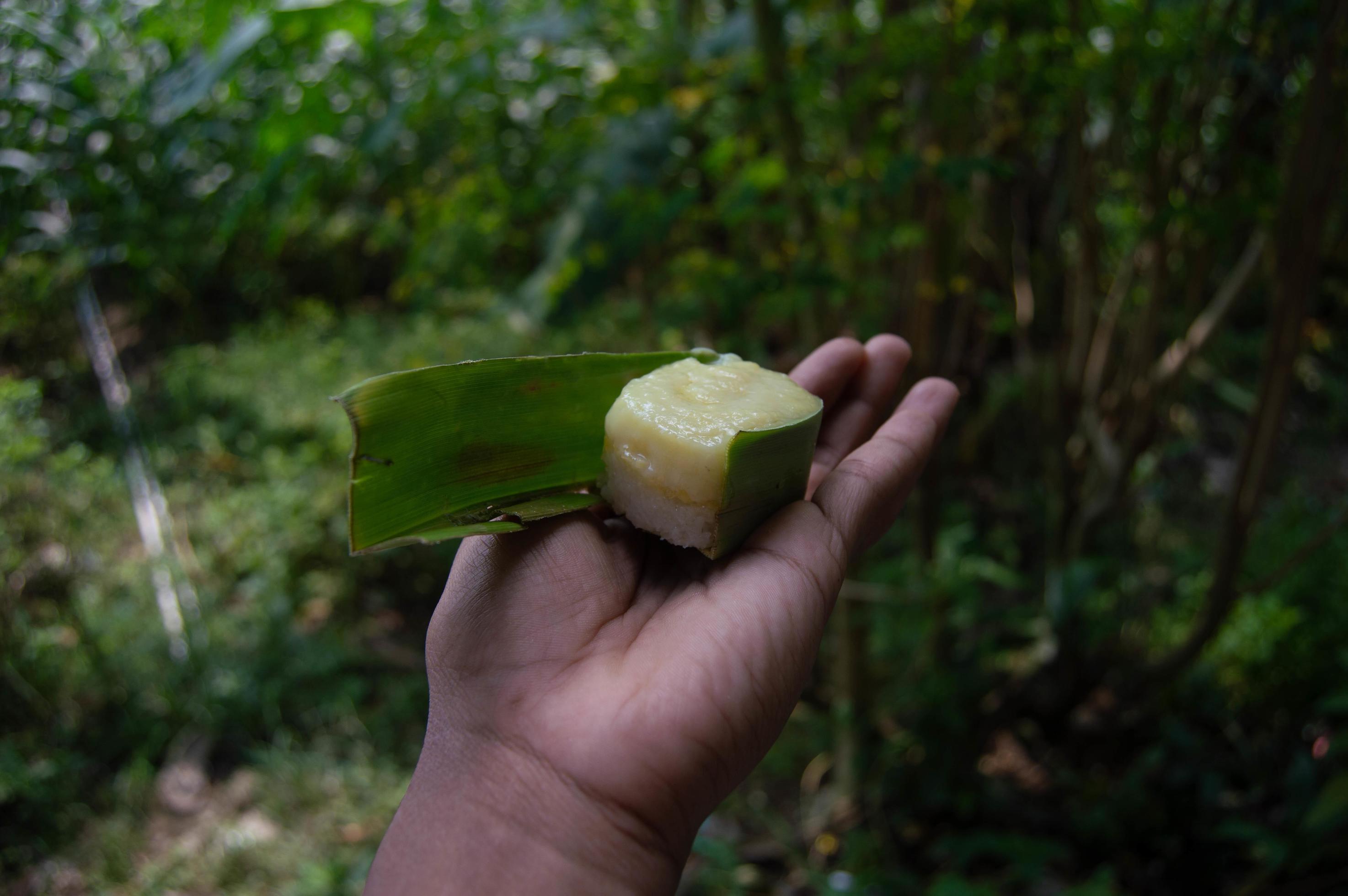 sweet snacks from sticky rice with durian topping that someone is holding. Indonesian traditional food. Stock Free