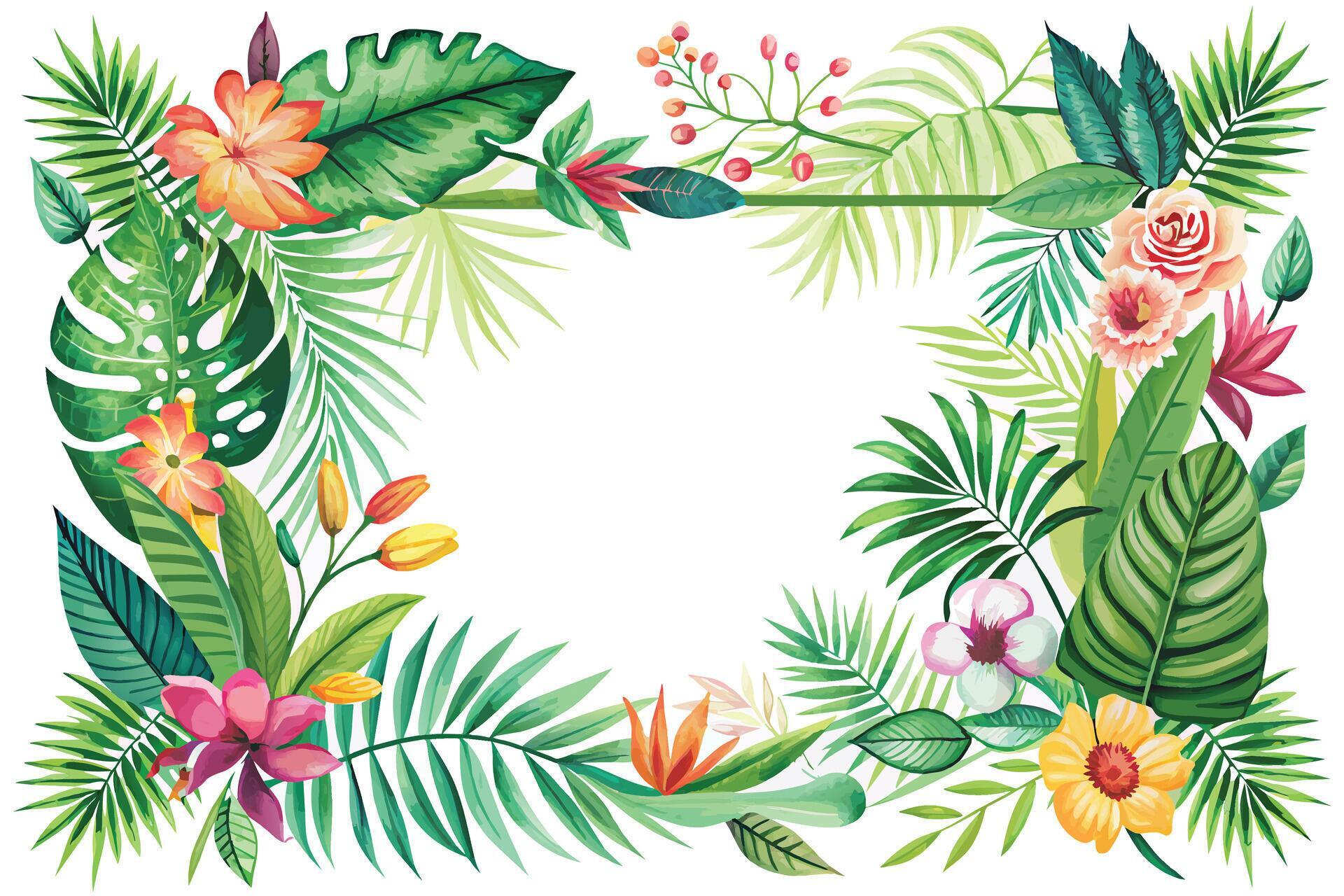 Tropical frame with flowers, leaves and plants. Vector illustration. Stock Free