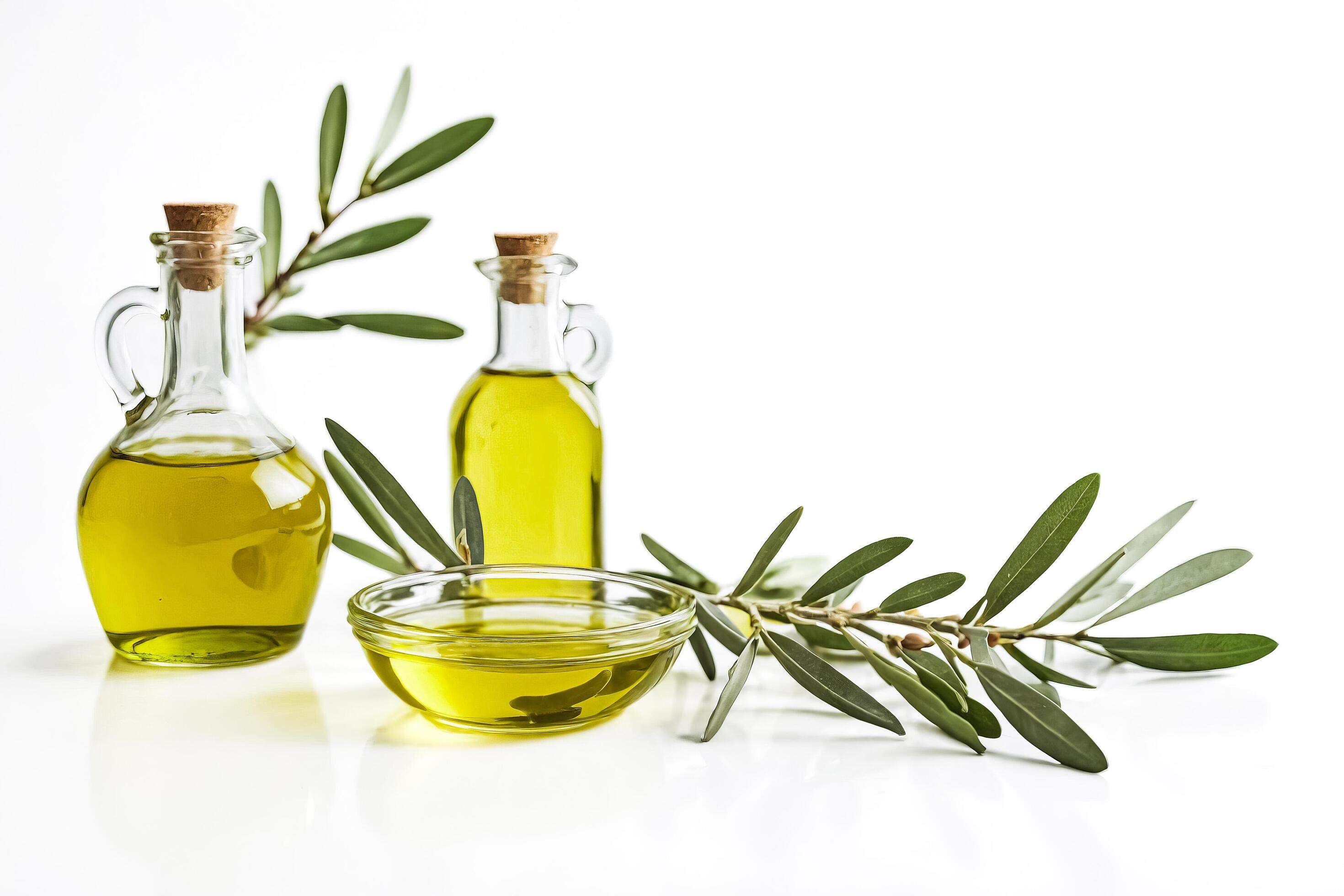 Olive Oil Bottles with Olive Branch on White Background Stock Free