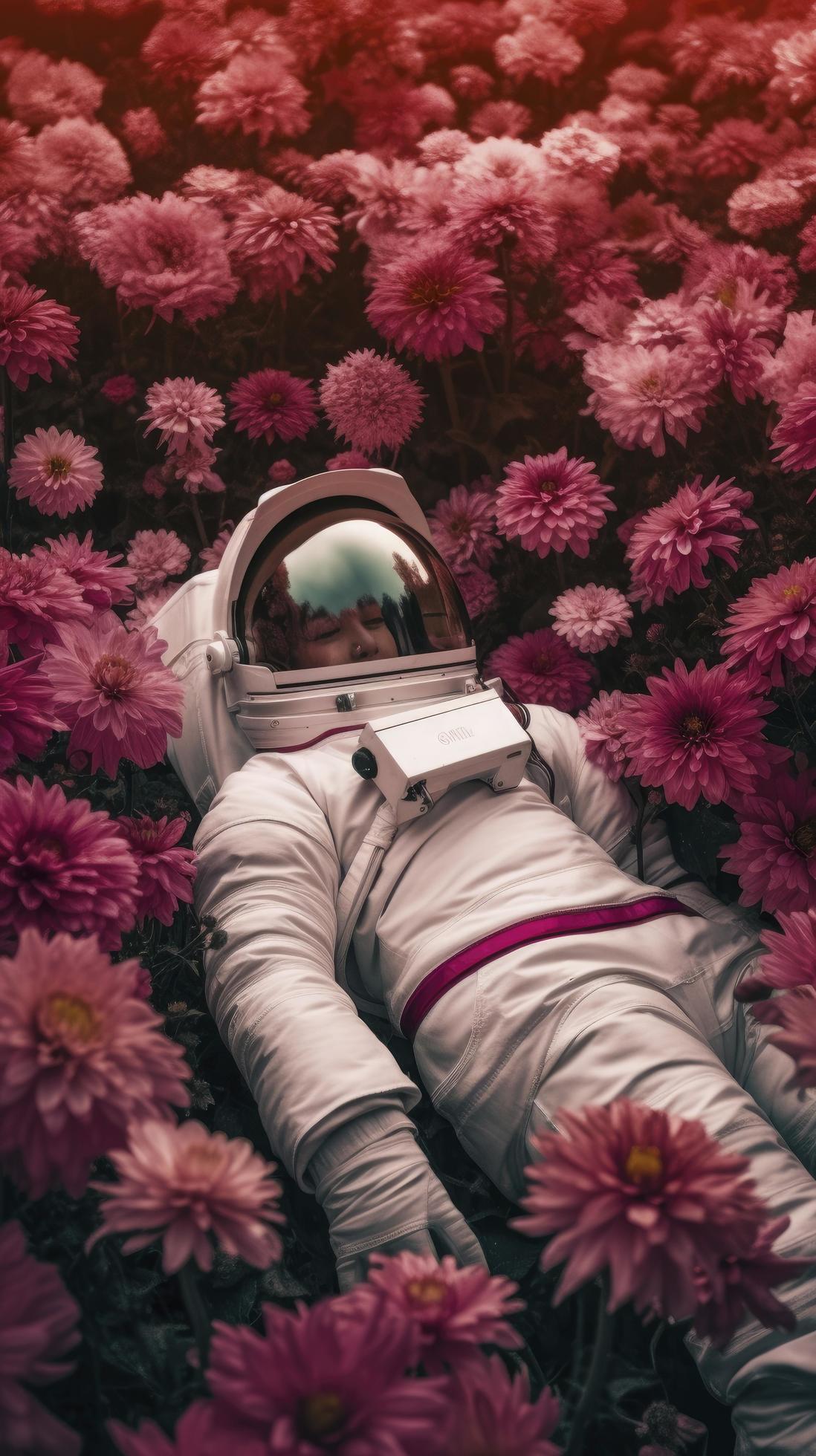 
									high texture quality photo of biomechanical astronaut lying in a meadow of pink dahlia flowers, Generate Ai Stock Free