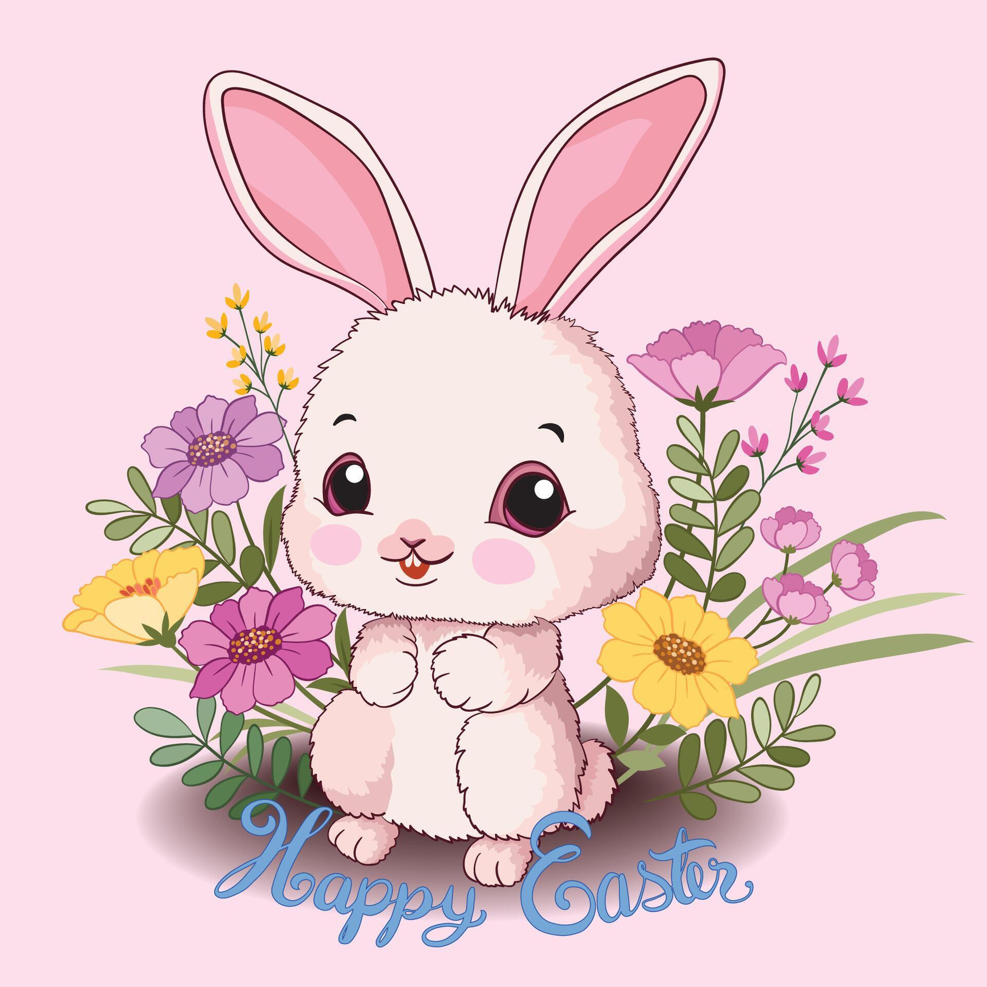 Cute Easter bunny with flowers for decoration. Stock Free