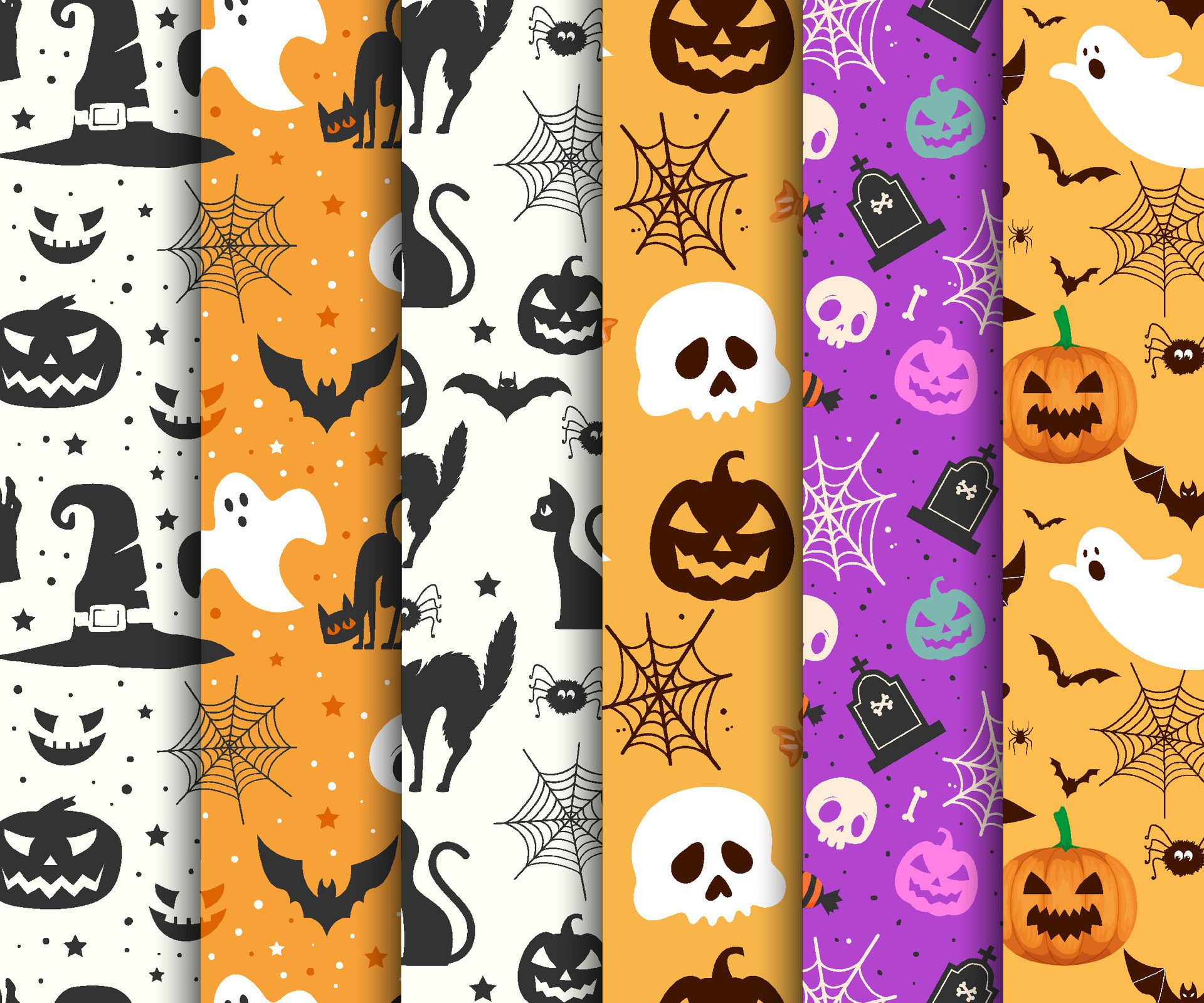 Halloween patterns collection with cats witch hat spiderwebs and pumpkins Free Vector