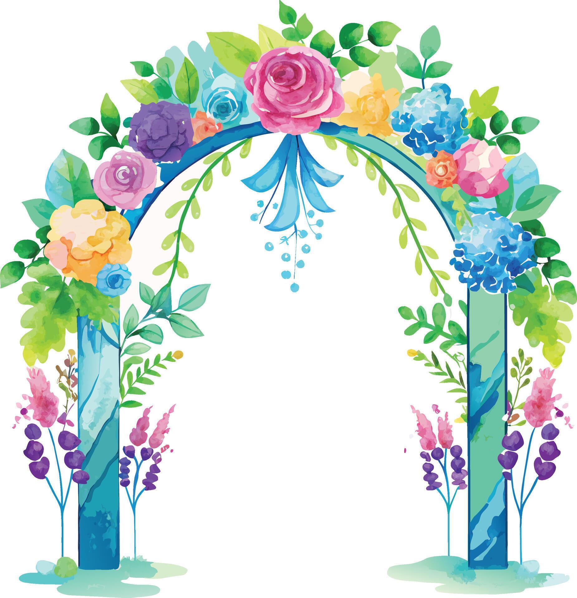 Flower arch with flowers and leaves. Watercolor vector illustration. Stock Free