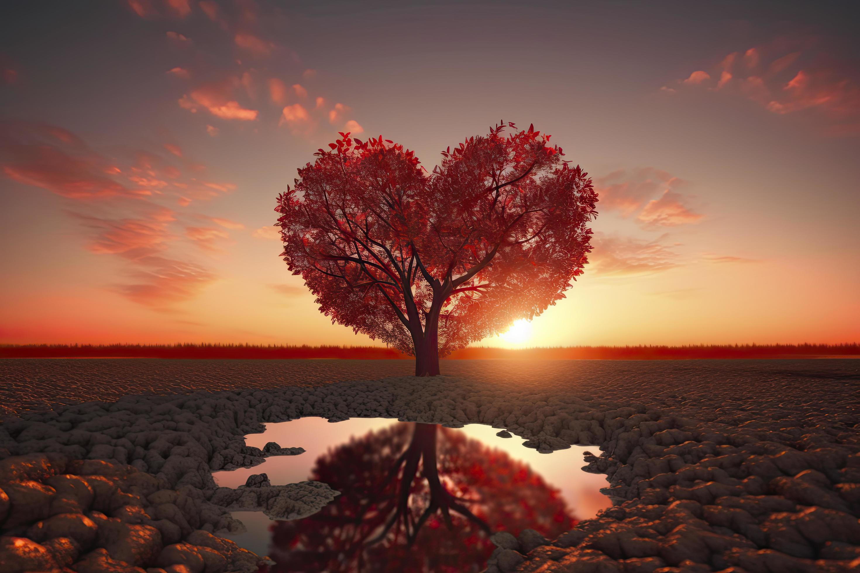 Heart Tree Love For Nature Red Landscape At Sunset Stock Free