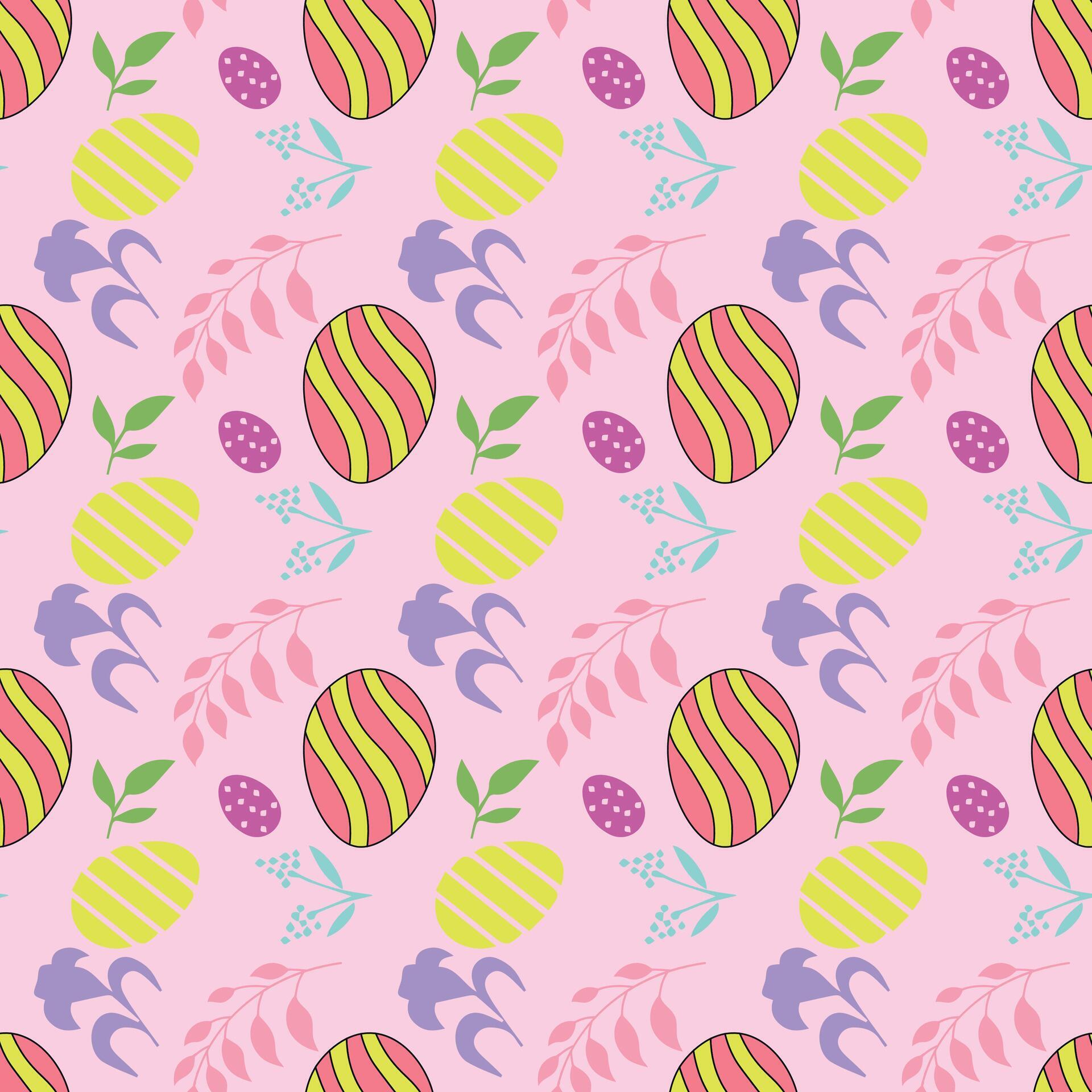 Seamless pattern with handdrawn easter eggs, flowers, leaves and other elements on pink background Stock Free