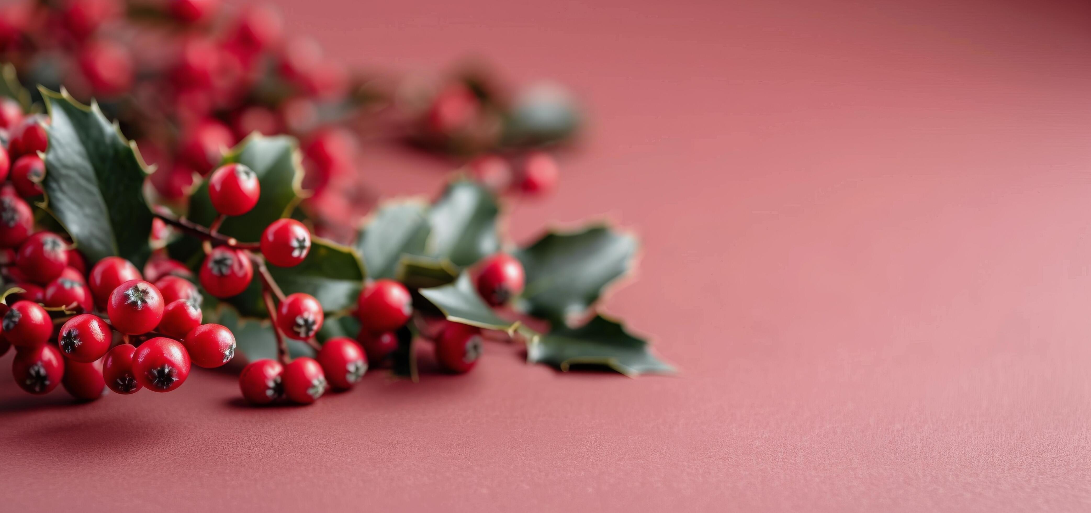 Red Berries With Green Leaves on Red Background in Soft Lighting Stock Free