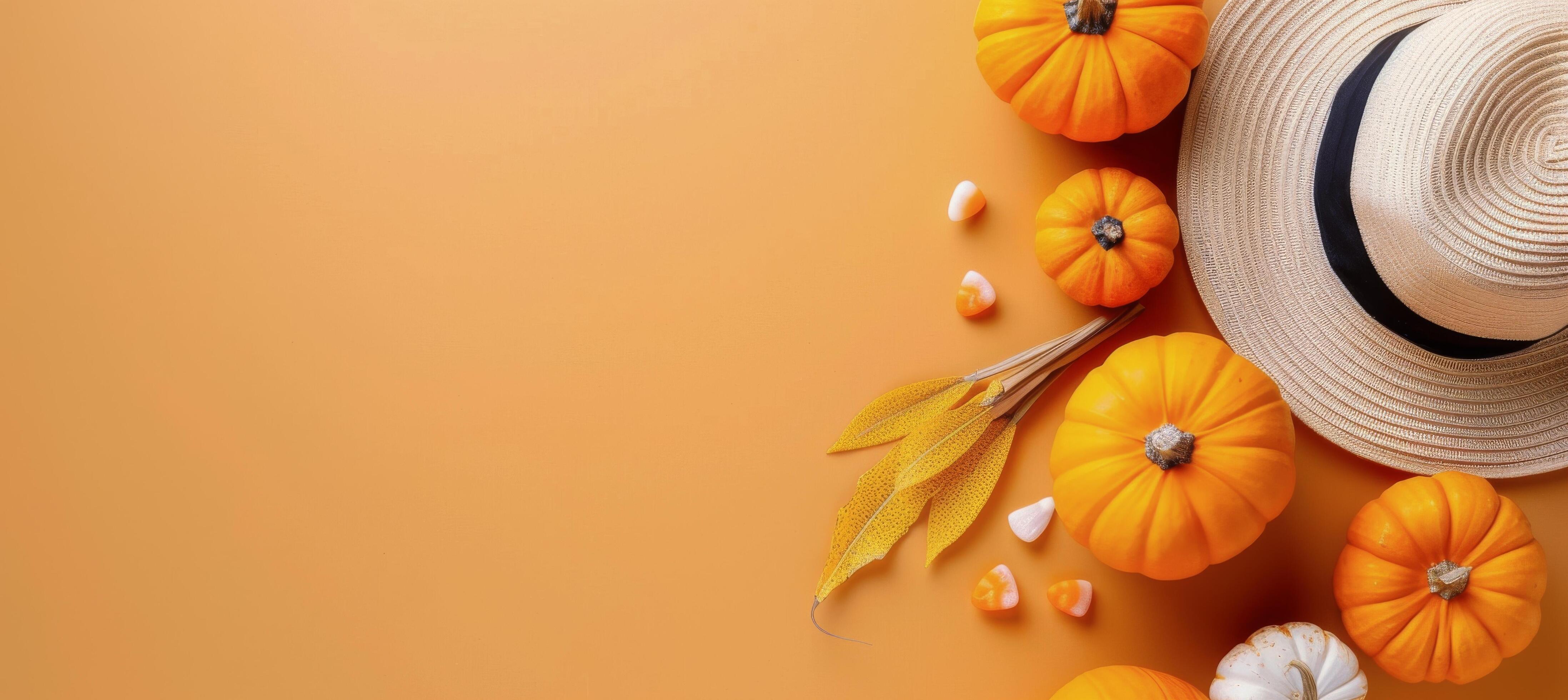 Autumn Decor With Pumpkins, Apples, and Leaves on Warm Orange Background Stock Free