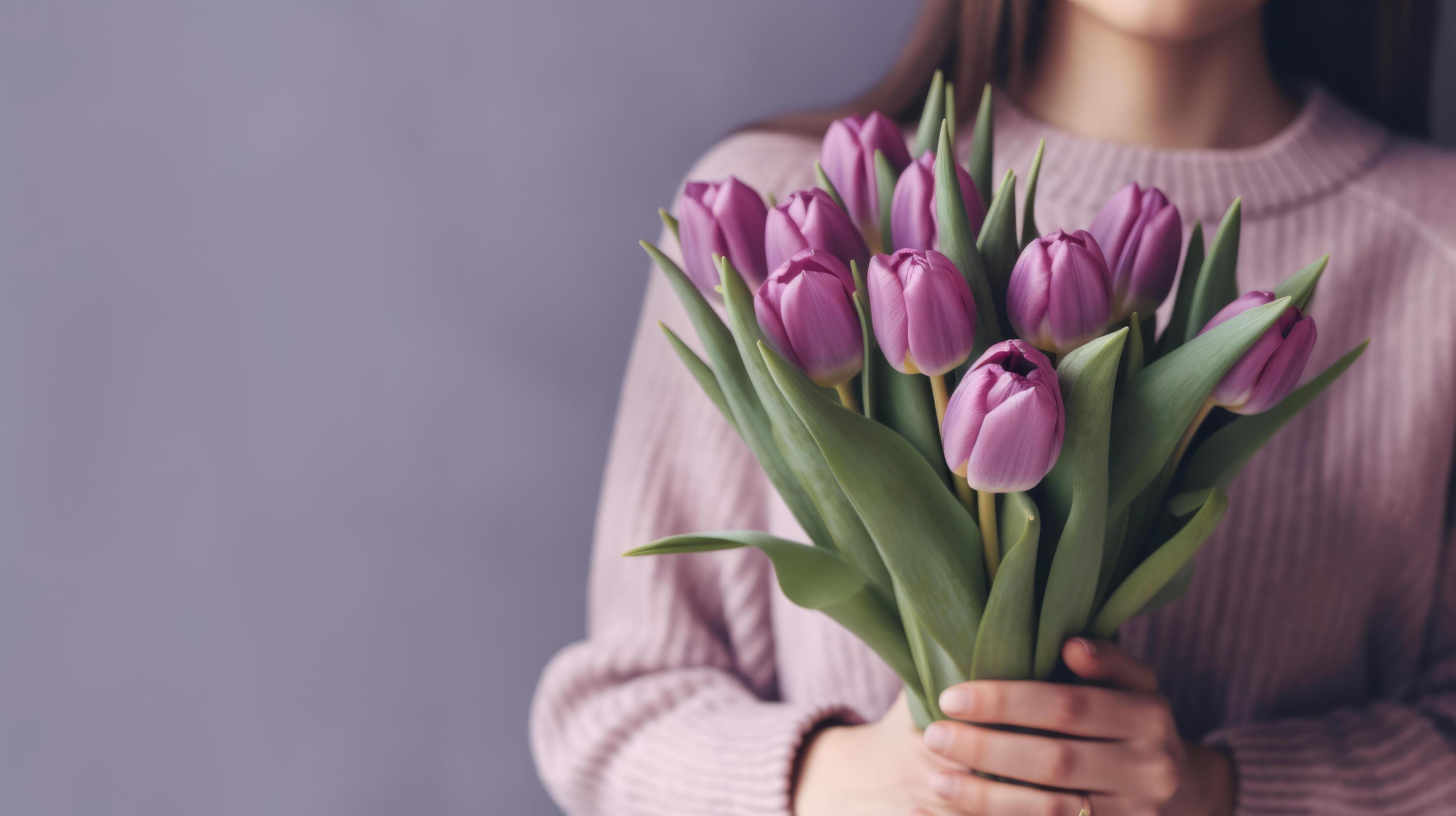 Violet tulip flowers bouquet on hands. Illustration Stock Free